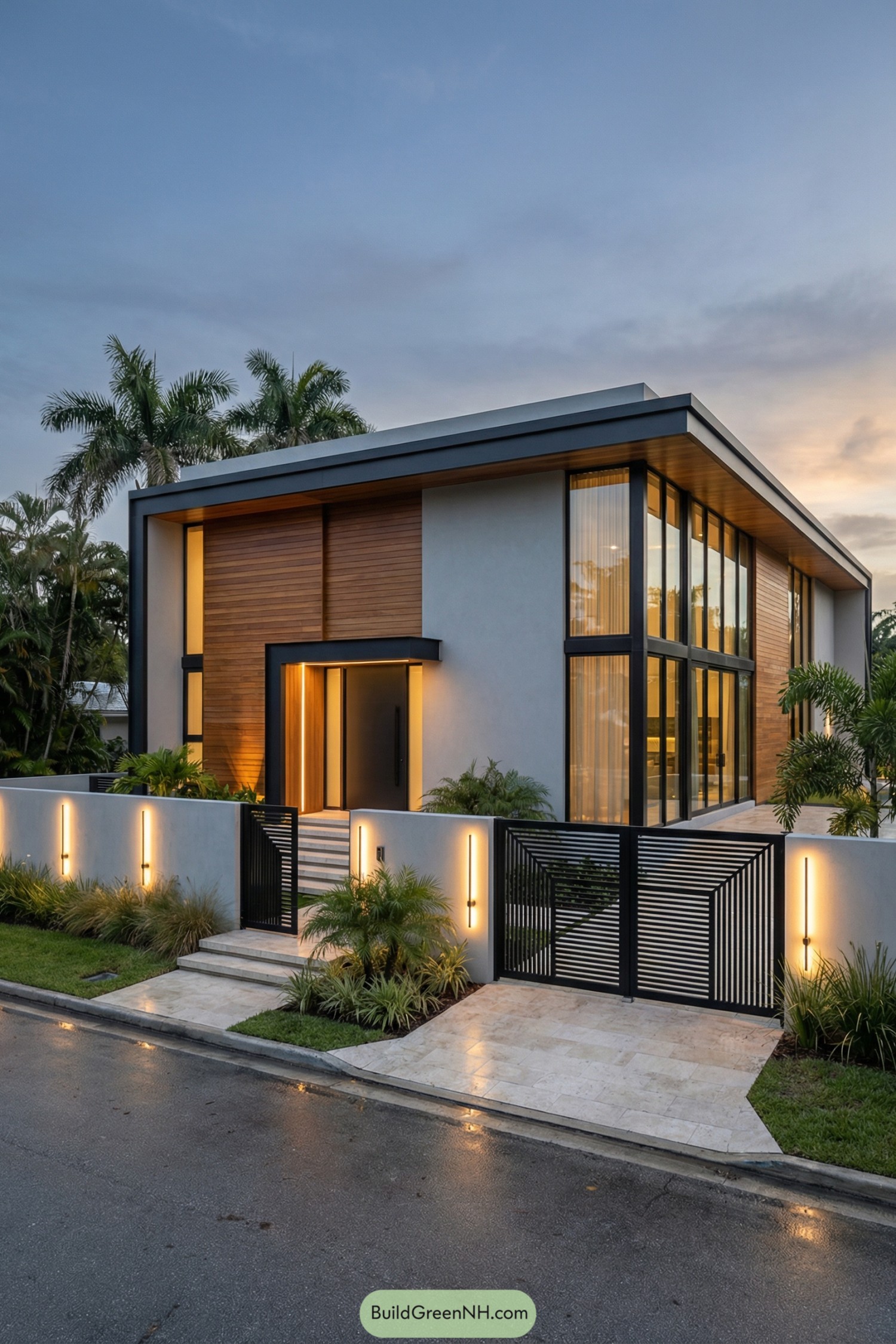 Modern flat roof house with tall glass walls warm wood cladding and a black metal geometric entry gate