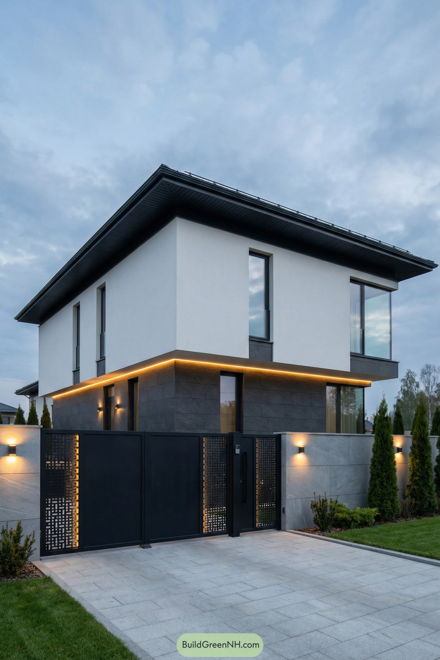 Modern two story house with dark stone base white upper level and sleek black gate glowing with warm strip lighting