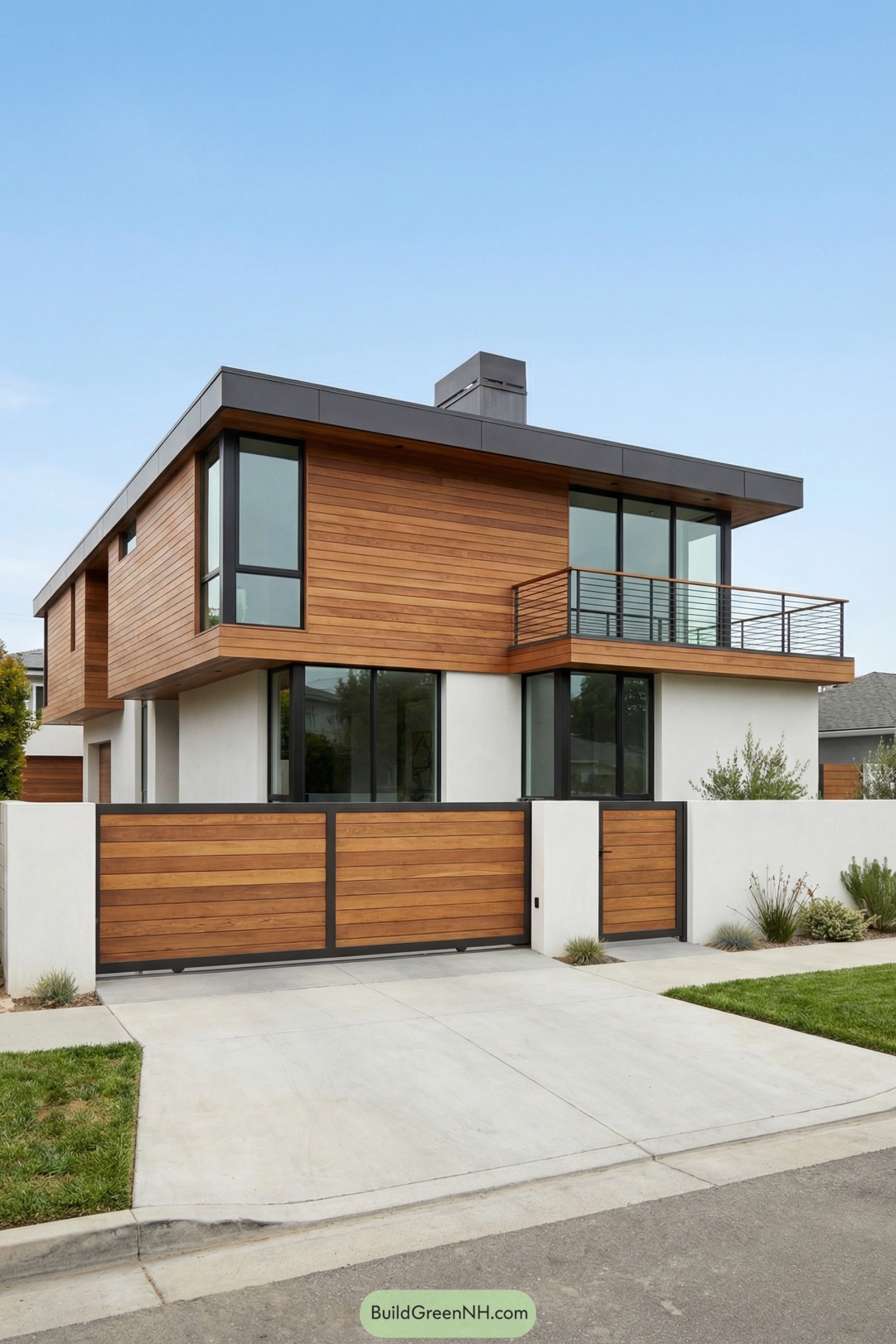Modern two story house with warm wood cladding, large windows, and a matching wood and metal driveway gate