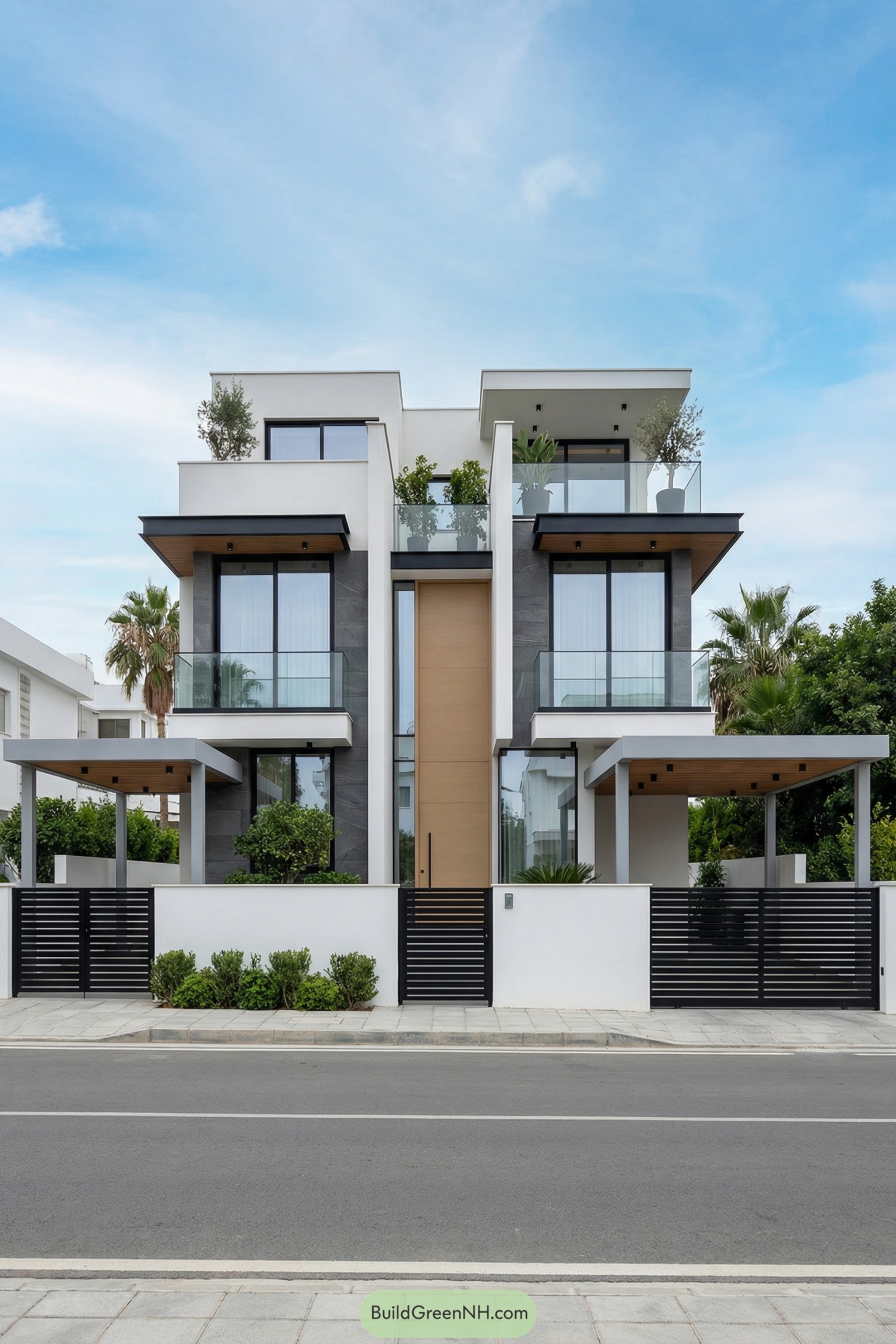 Modern three story house with glass balconies and black metal front gate