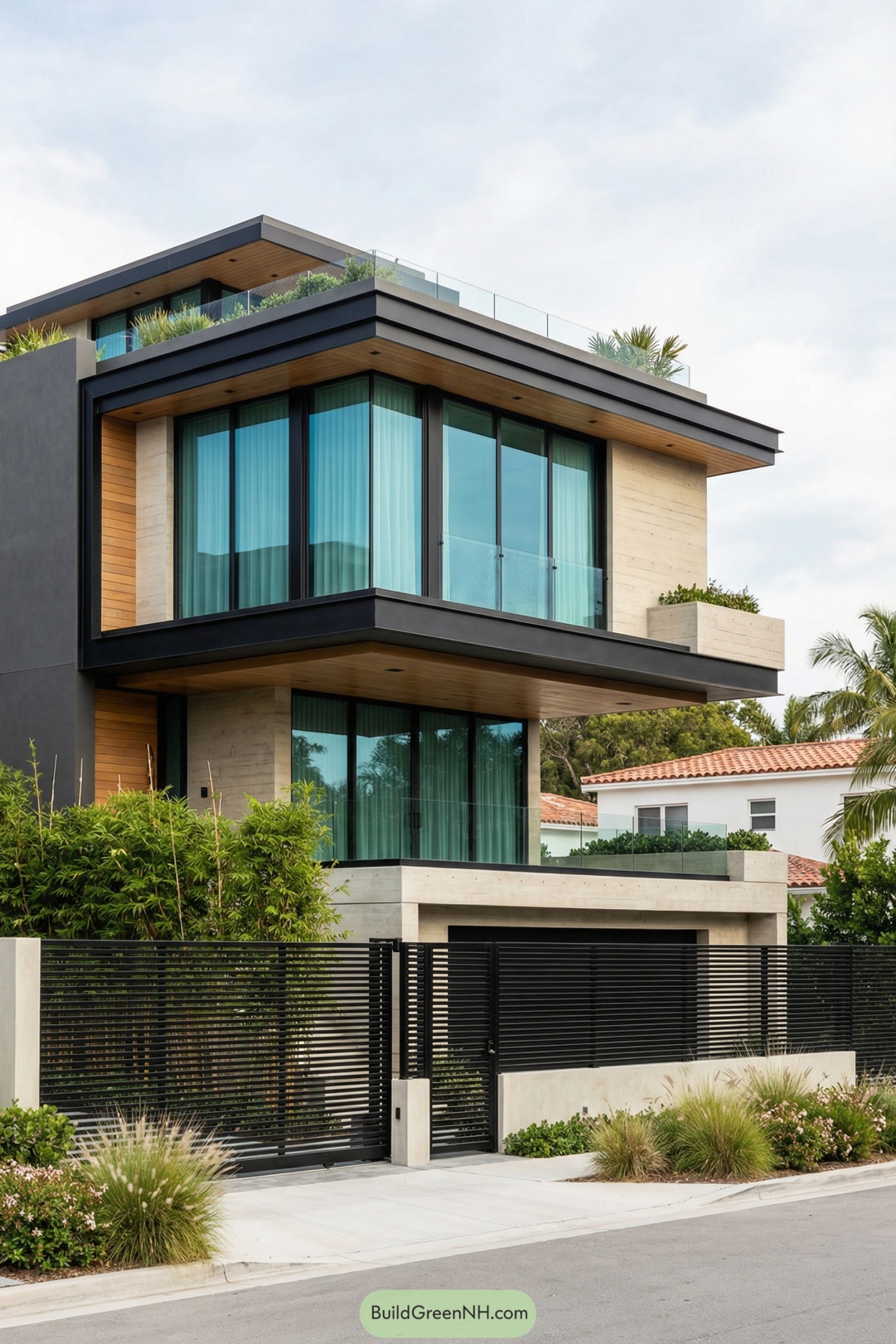 Modern three story house with glass façades and black slatted metal gate in front