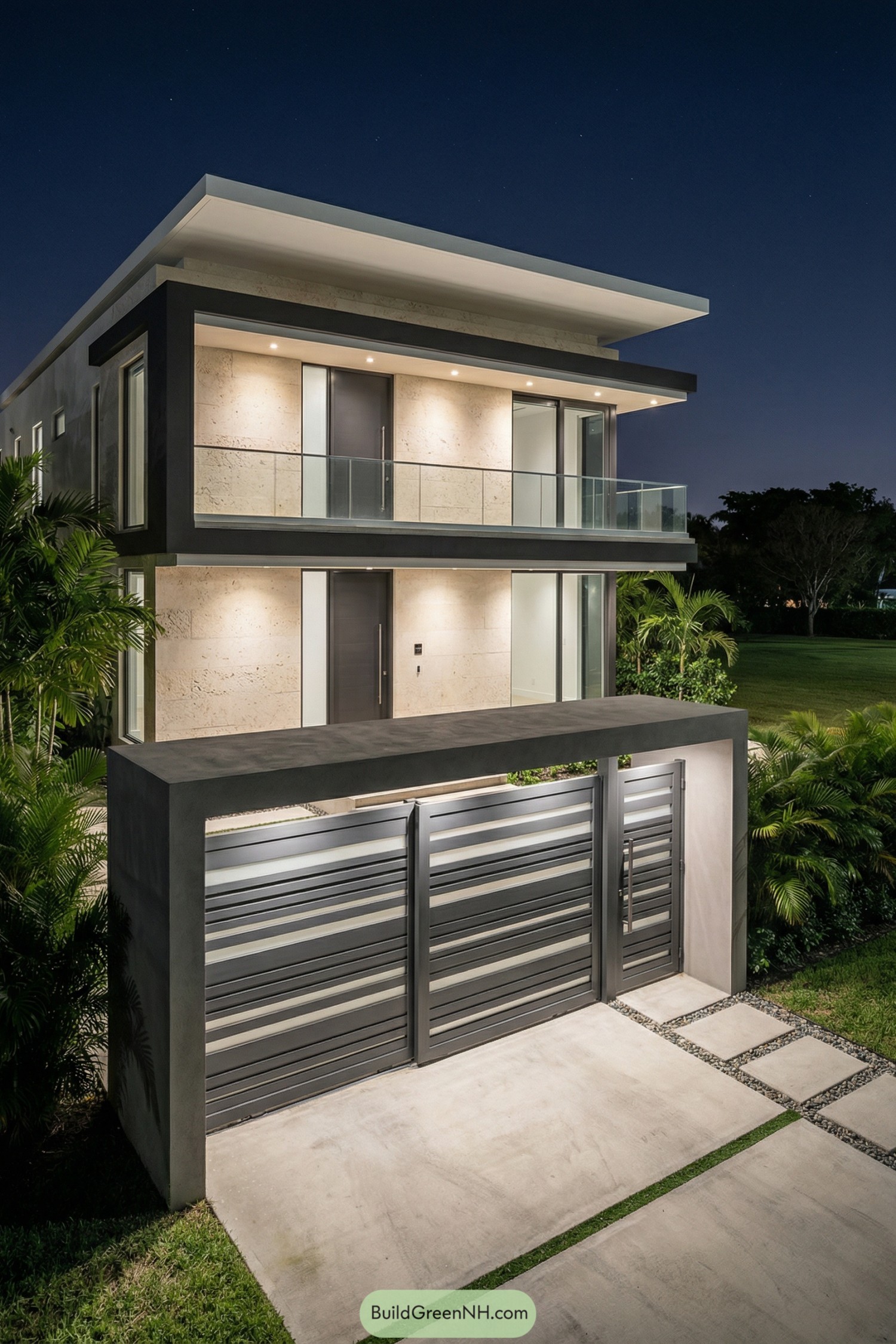 Modern two story home with sleek horizontal metal gate and concrete entry
