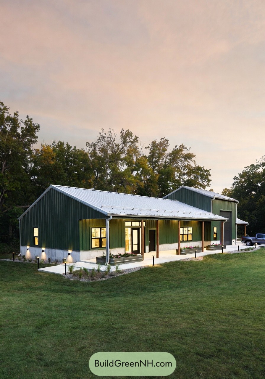 Green metal barndominium with long front porch at sunset