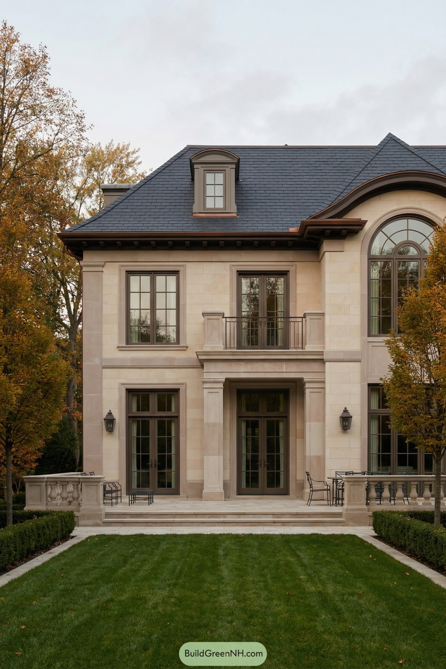 Elegant limestone townhouse with tall windows, slate roof, and manicured front lawn