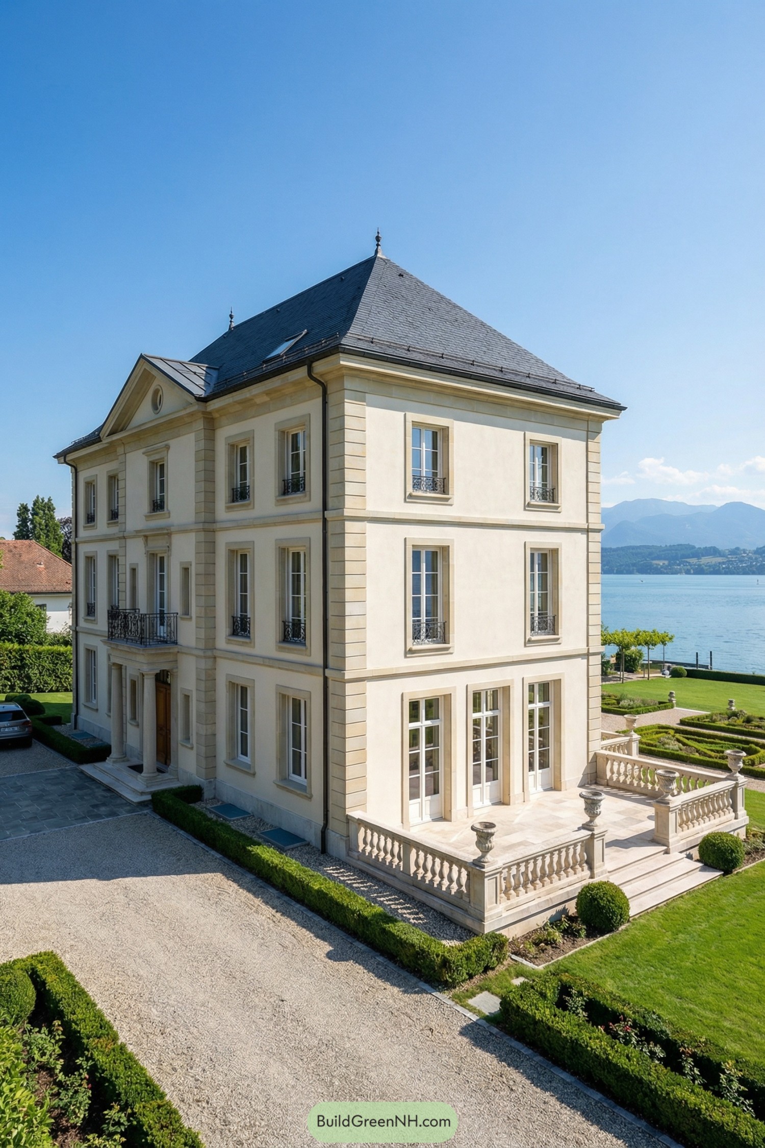 Elegant cream stone manor with slate roof and formal terraces overlooking a lakeside garden