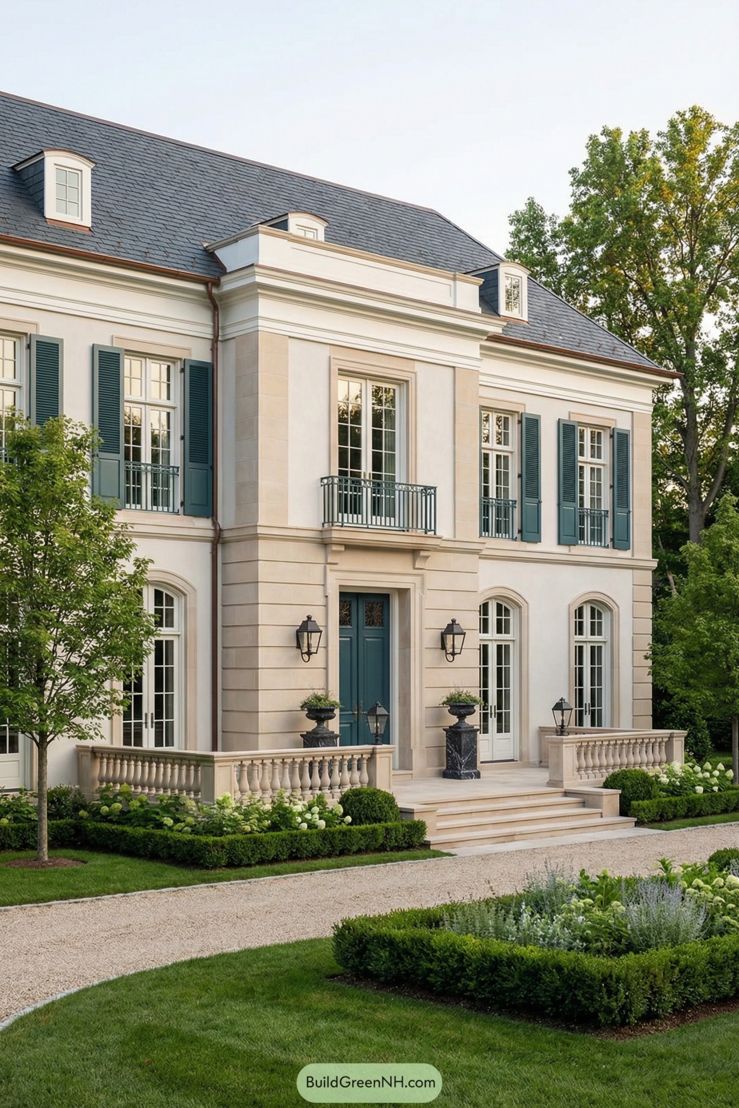 Elegant limestone-front estate with teal doors and shutters framed by manicured gardens