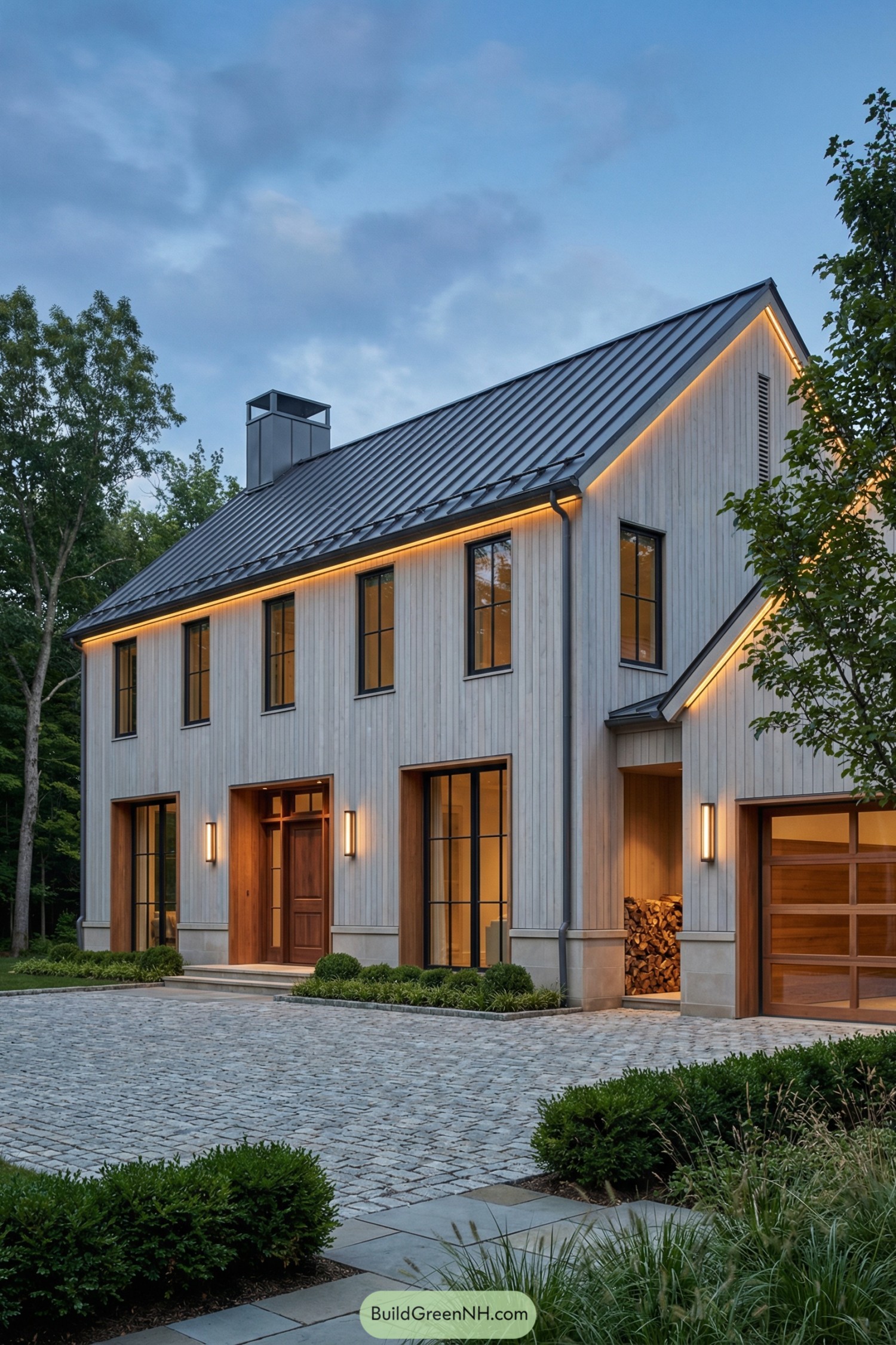 Contemporary two story gabled house with vertical wood siding, metal roof, and large windows overlooking a cobblestone drive