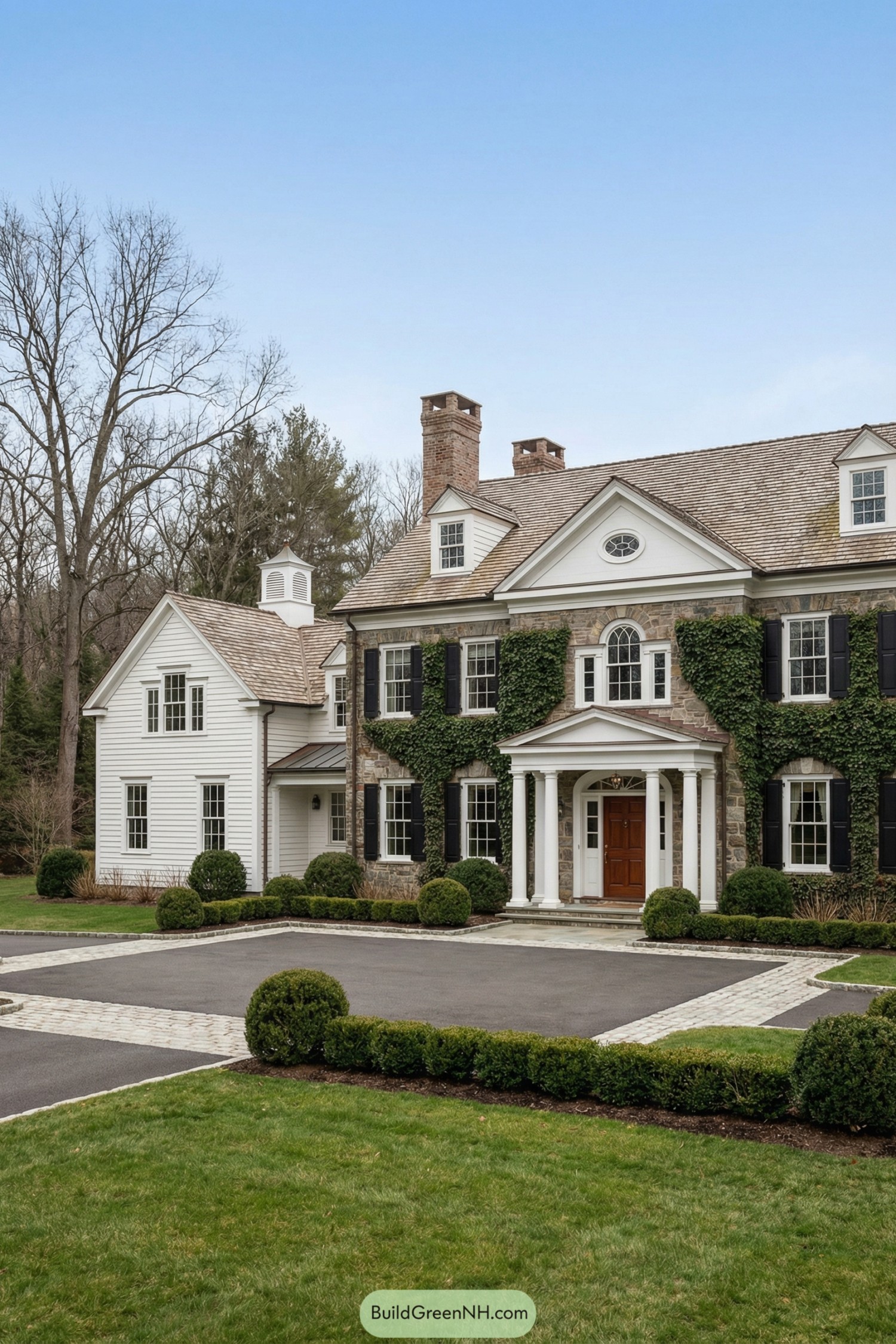 high-res photo of modern old money style house, grand Colonial Revival manor with L-shaped layout, three-story main block and two-story side wing, symmetrical front facade with central pedimented portico on four white classical columns, ivy-covered stone or brick main facade with crisp white trim, side wing in white horizontal clapboard siding, muted natural palette with weathered gray-brown tones and deep green ivy, steep gabled wood-shingle roofs with multiple brick chimneys and a white cupola on the wing, rows of evenly spaced multi-pane white-framed sash windows with dark shutters, upper-level dormer windows projecting from the roofline, central paneled front door in rich wood tone framed by white pilasters, sidelights and a transom, broad asphalt drive court edged with stone pavers leading to the entrance, low manicured boxwood hedges and rounded shrubs along the foundation, expansive lush green front lawn in the foreground, mature leafless trees and dense woodland at the rear and sides, clear blue sky and soft daylight creating a calm, elegant estate setting, real-life photo, high-resolution, architectural photography, soft lighting, cinematic composition.