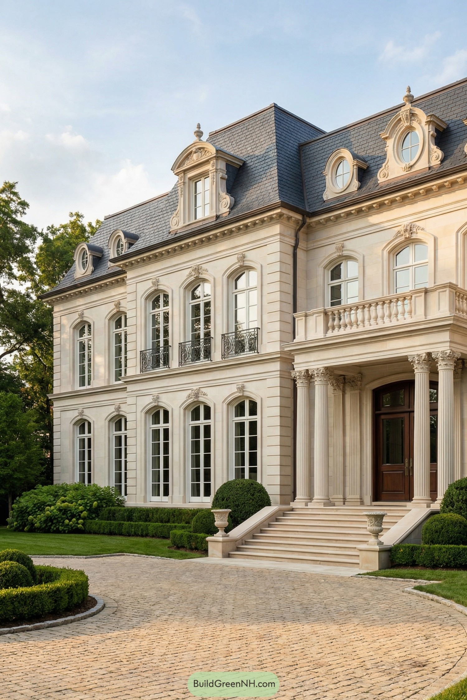 Elegant French-style mansion with tall windows and stone facade