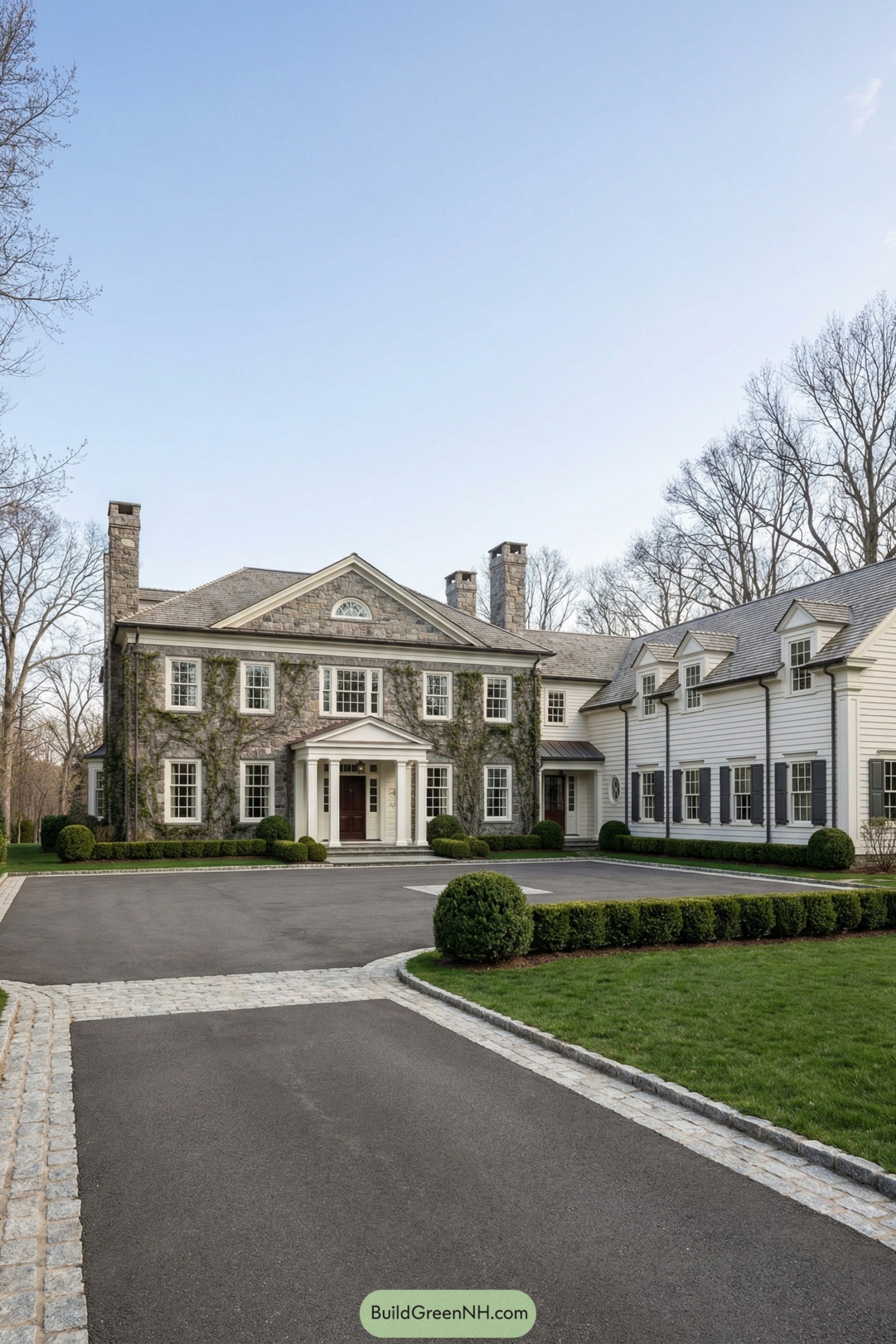 Grand stone and white clapboard estate house