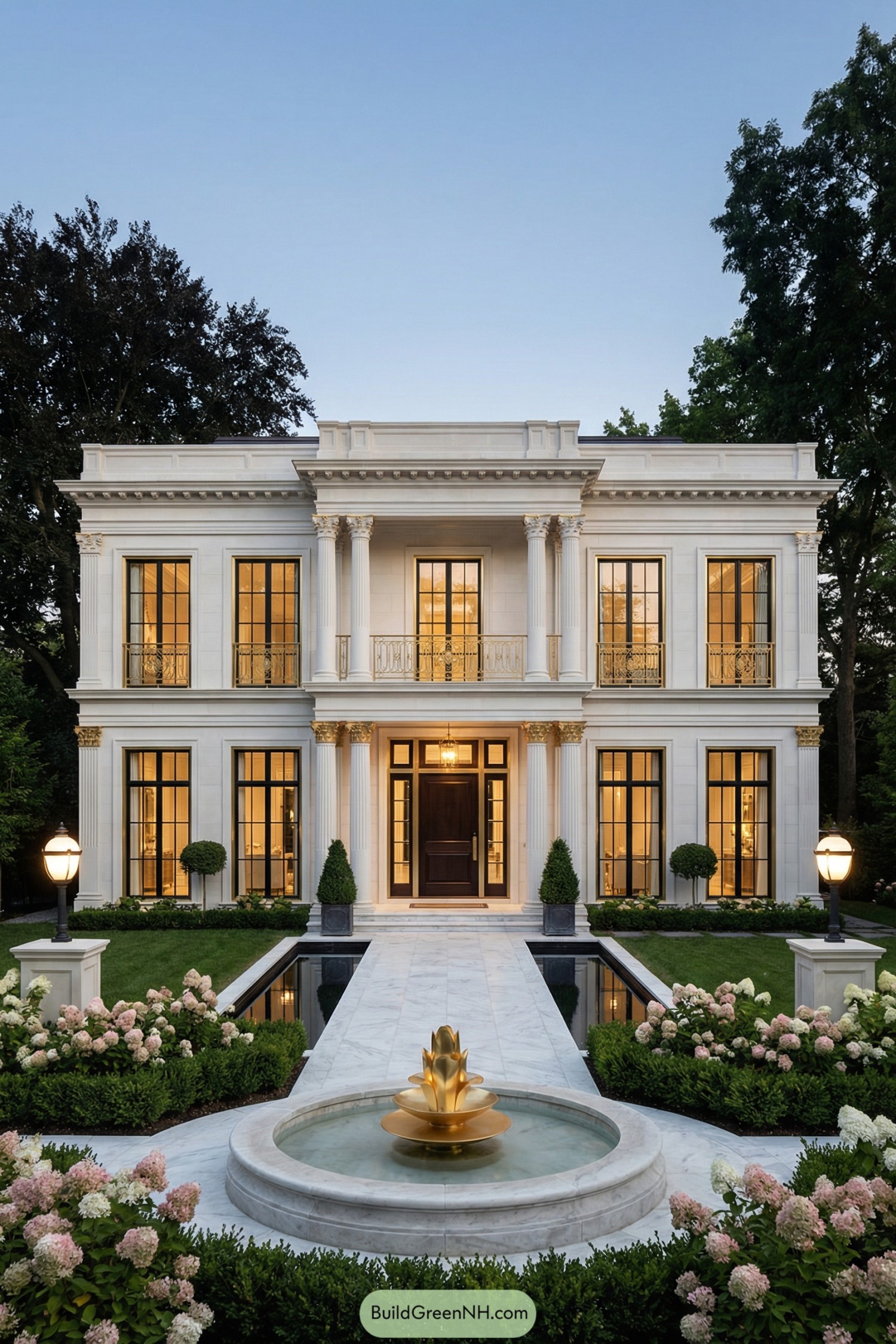 Grand white two story neoclassical house with tall columns symmetrical windows and a central fountain on a marble walkway