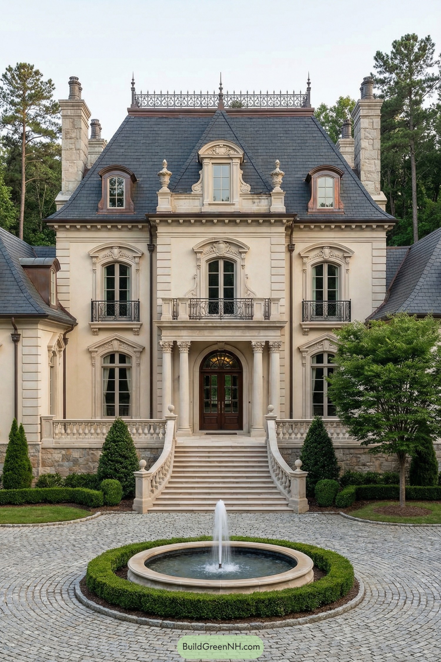 Tall French style mansion with mansard roof and round fountain courtyard