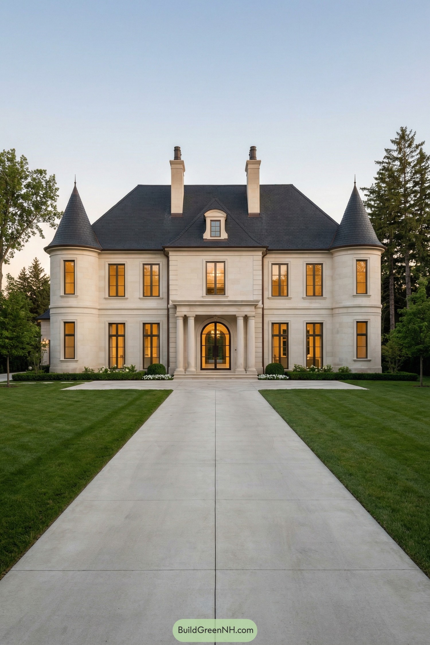 Elegant cream stone manor with dark slate roof and twin corner turrets framed by a long straight driveway and manicured lawn