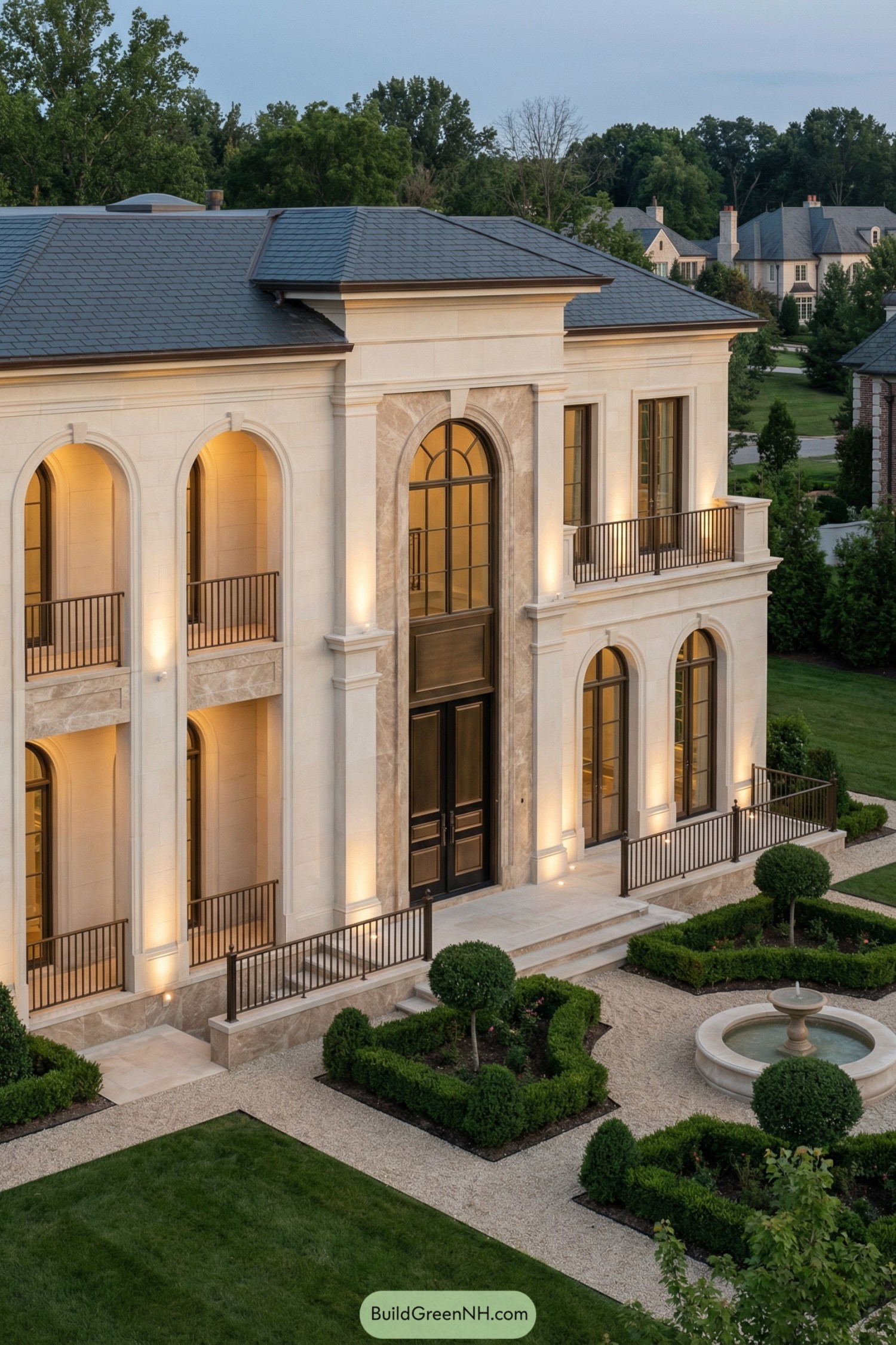Elegant stone manor with tall arched windows and formal front garden