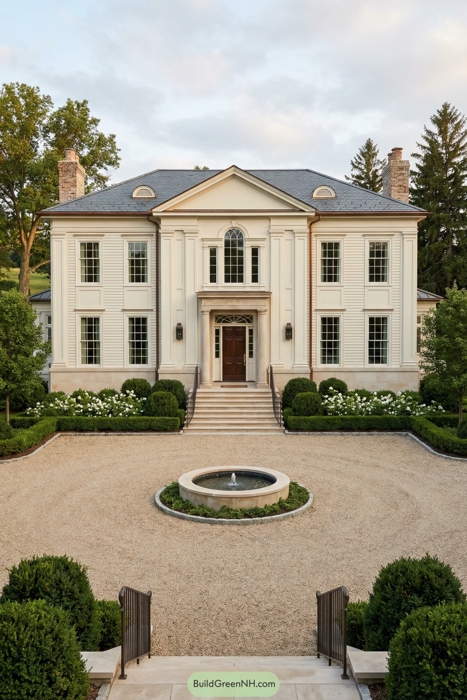 Elegant cream colored manor with formal gravel drive and central fountain