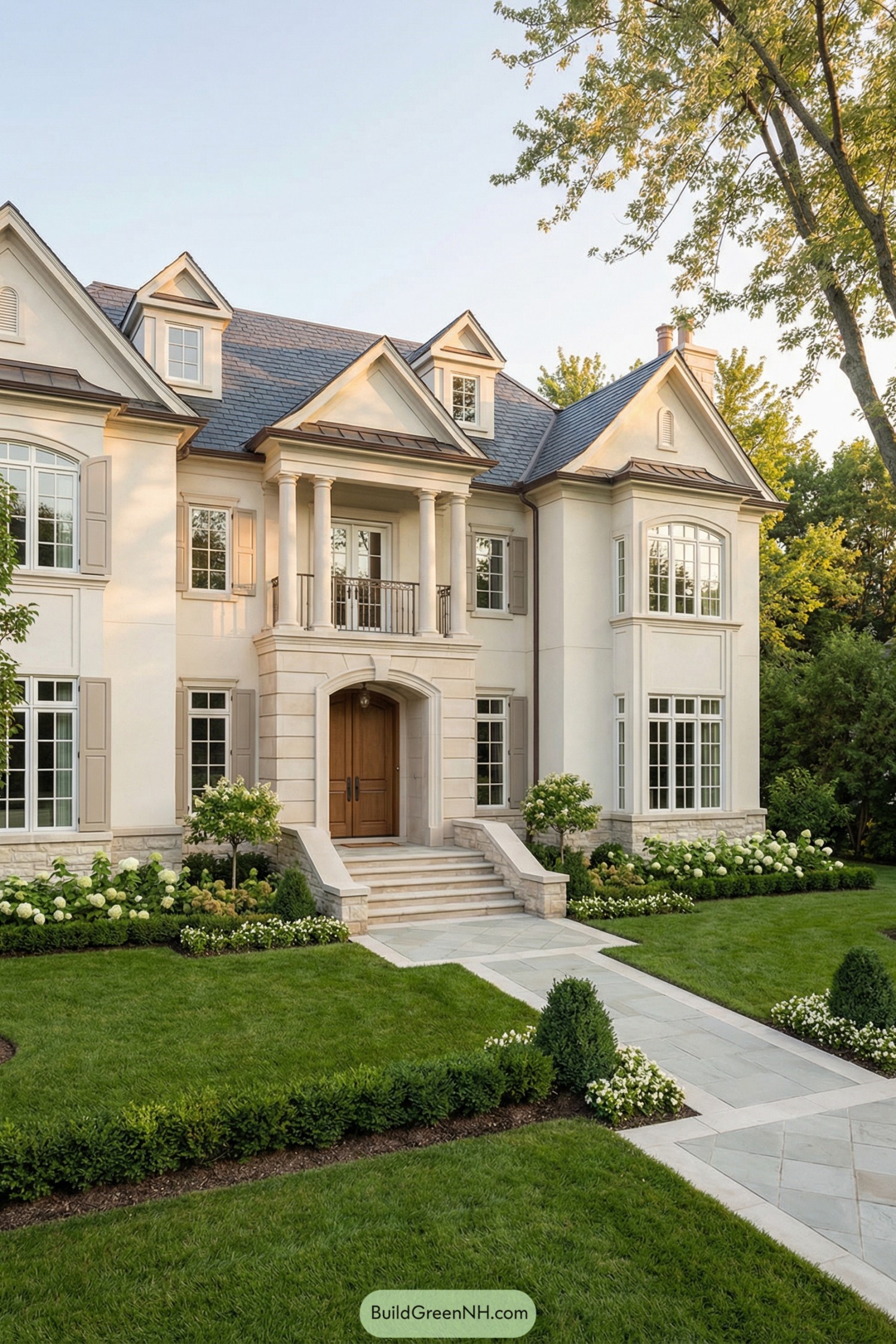 Elegant three story cream manor house with columned entry and manicured front lawn