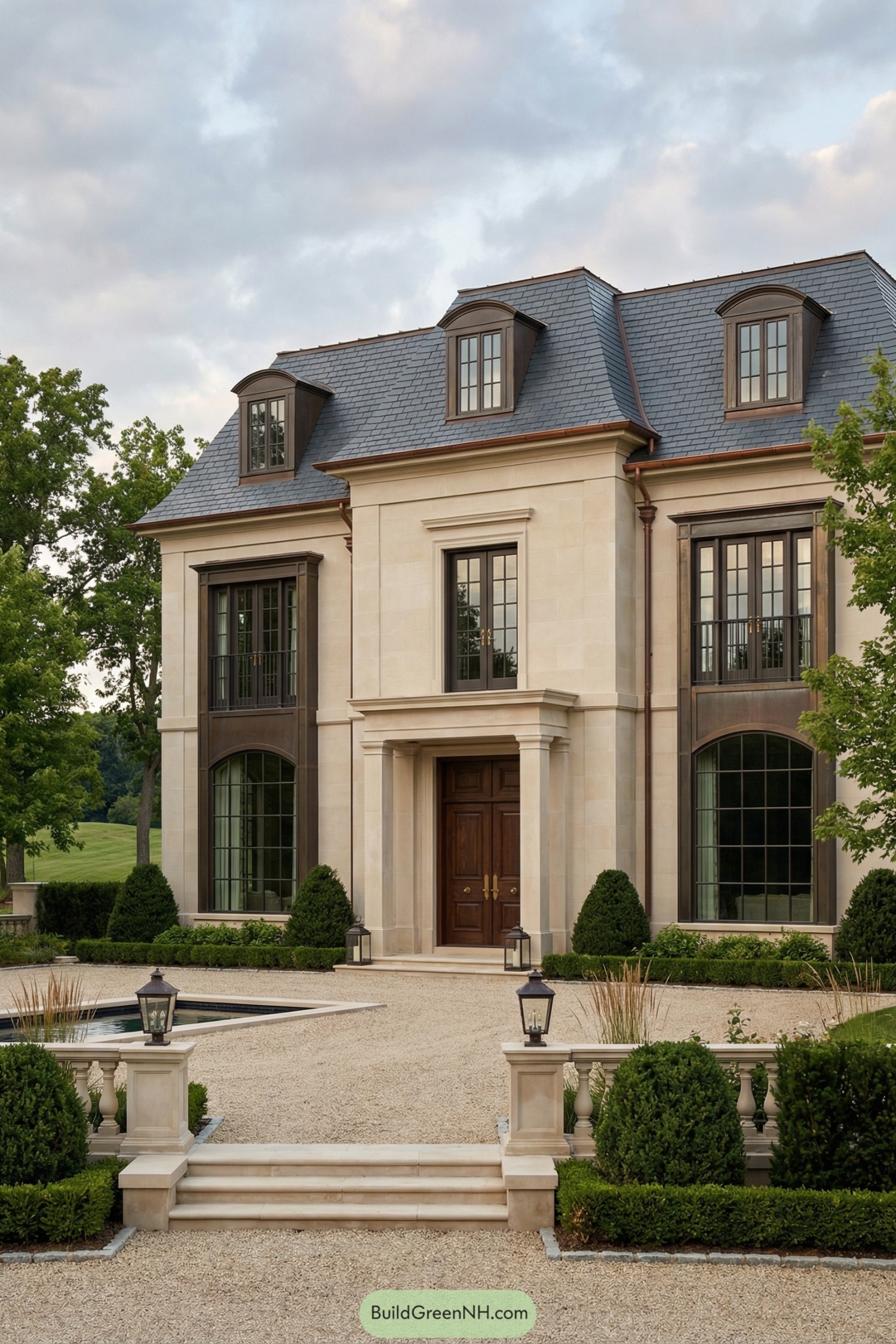 Elegant stone manor with mansard roof and formal gravel forecourt
