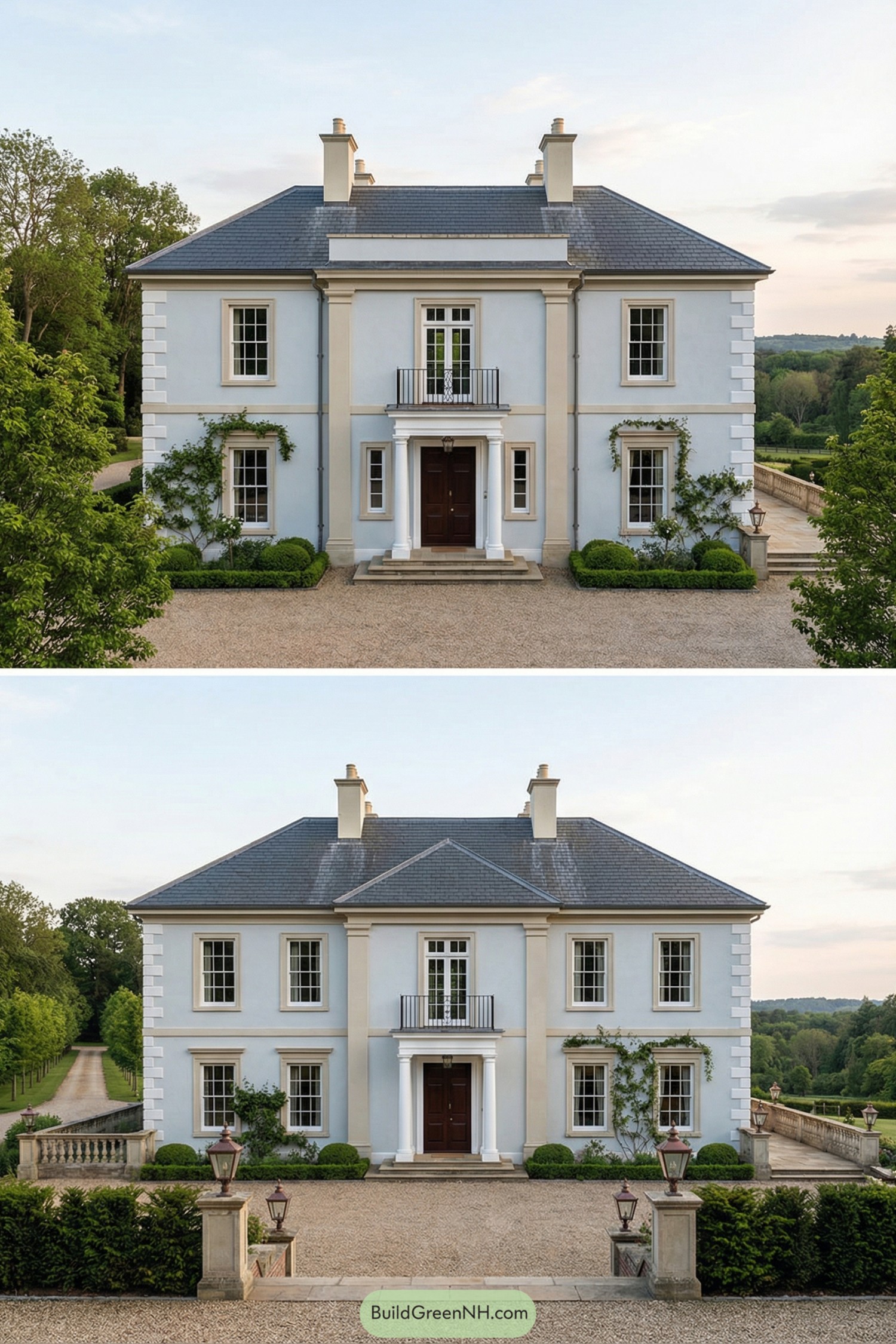 Elegant pale blue manor house with symmetrical facade, central portico, and gravel forecourt framed by greenery