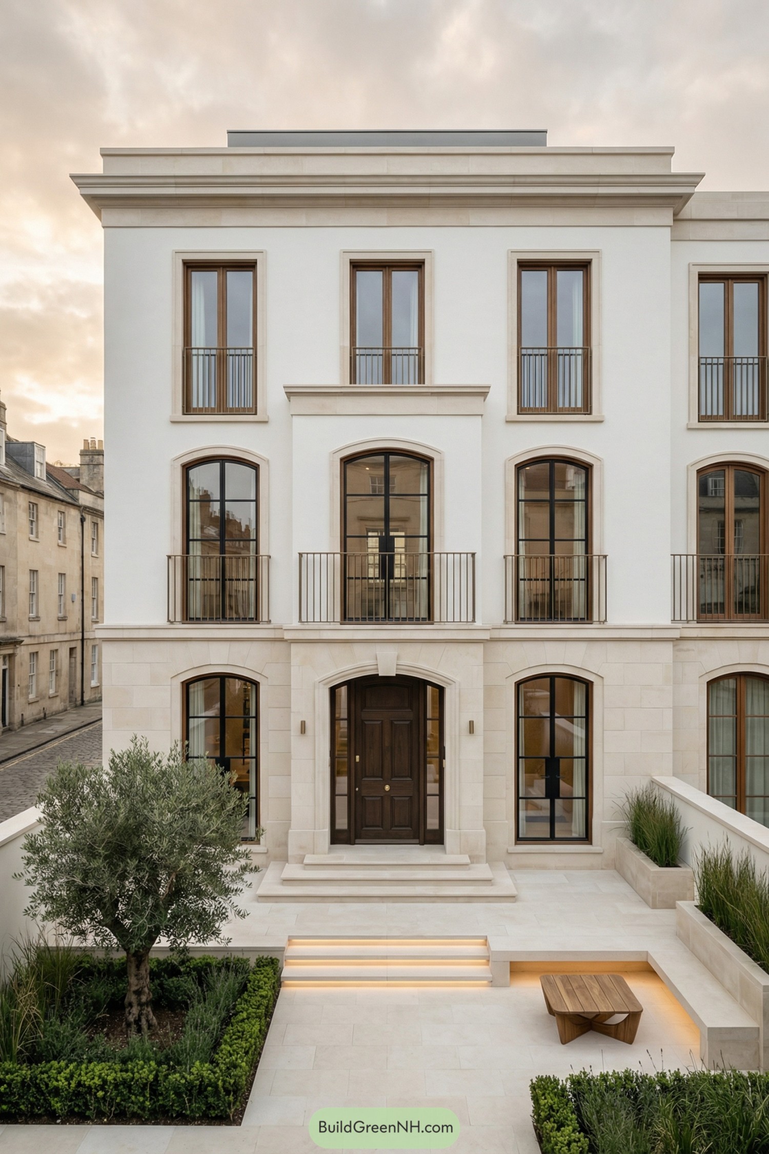 Modern creamstone townhouse with sunken front courtyard