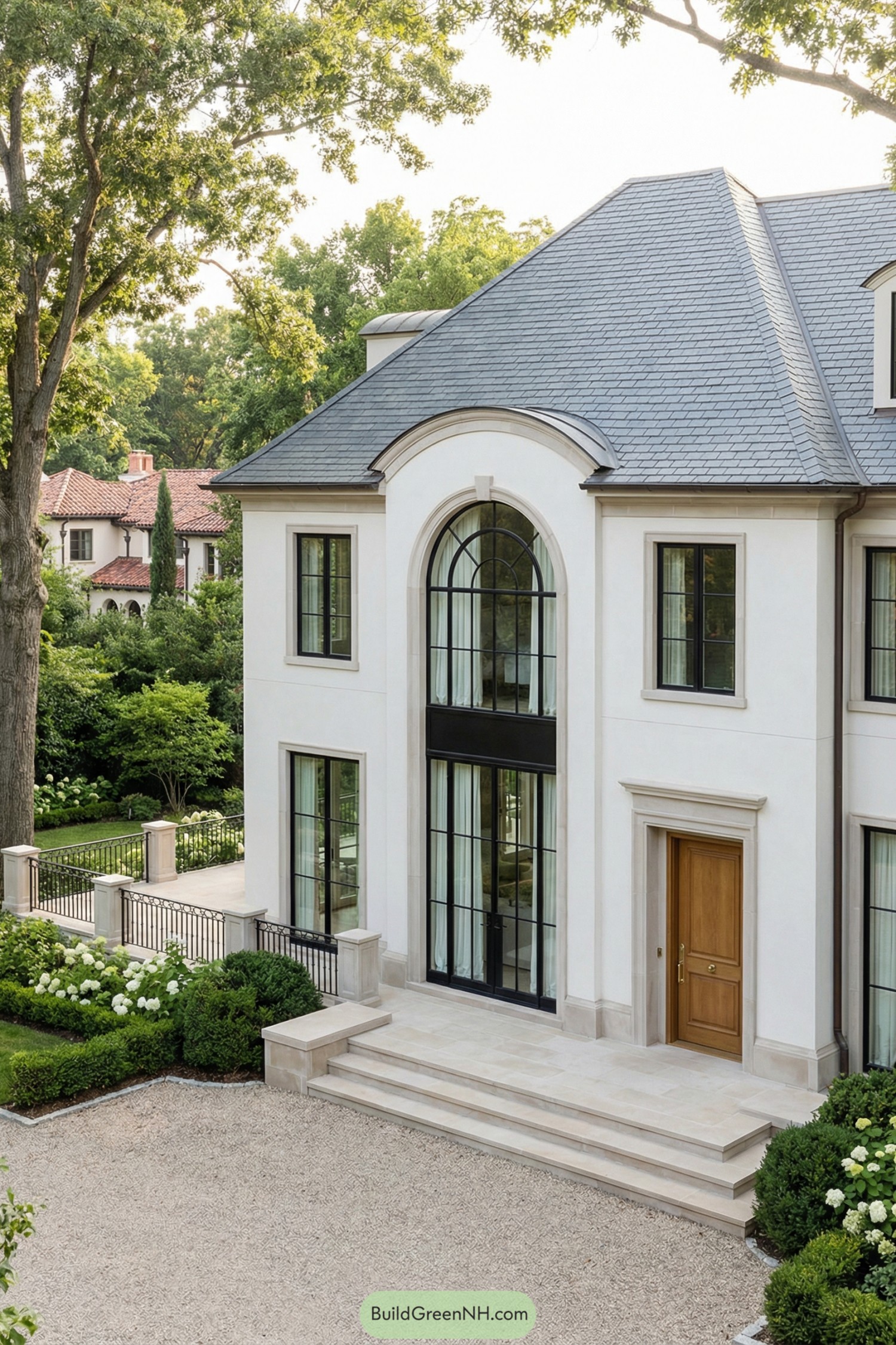 Elegant white manor with tall arched windows and slate roof surrounded by manicured greenery