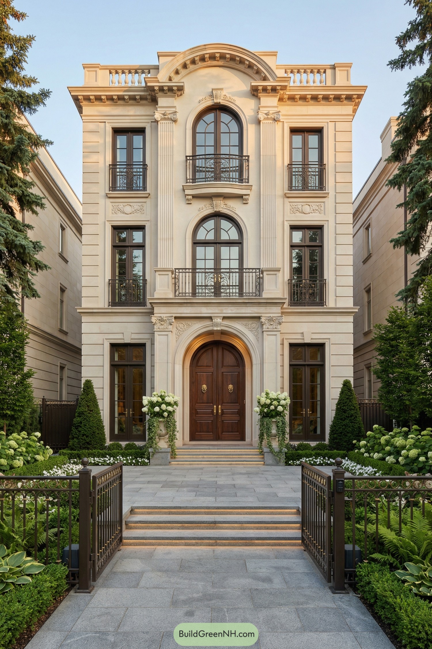 Elegant cream stone townhouse with arched windows and manicured front garden