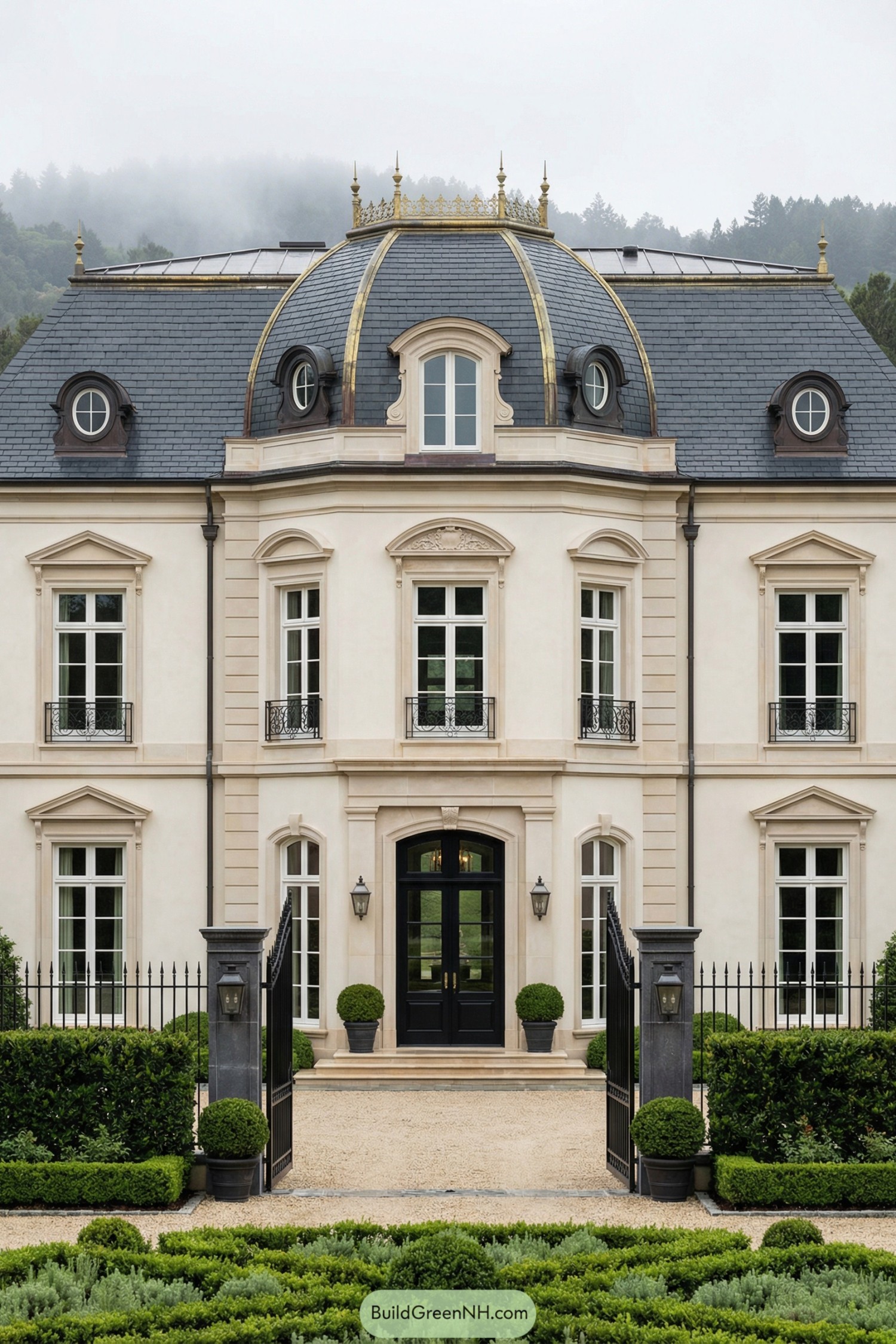 Pale French manor with slate mansard roof and formal garden approach