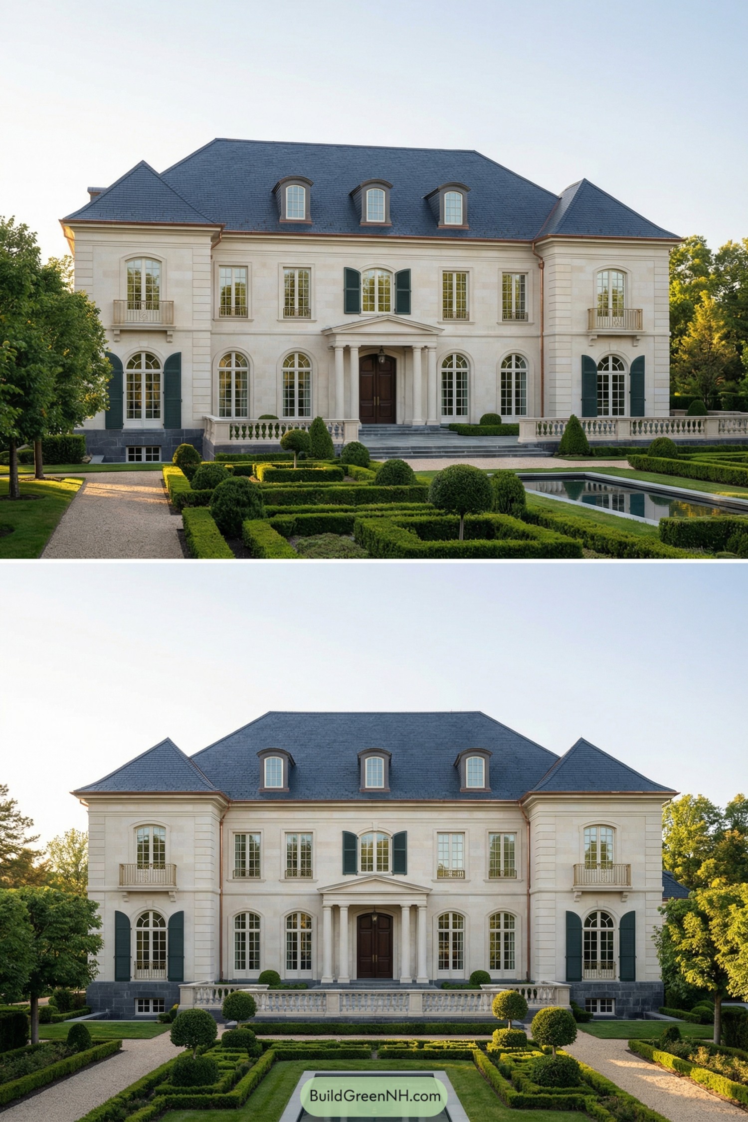 Symmetrical limestone mansion with manicured parterre garden