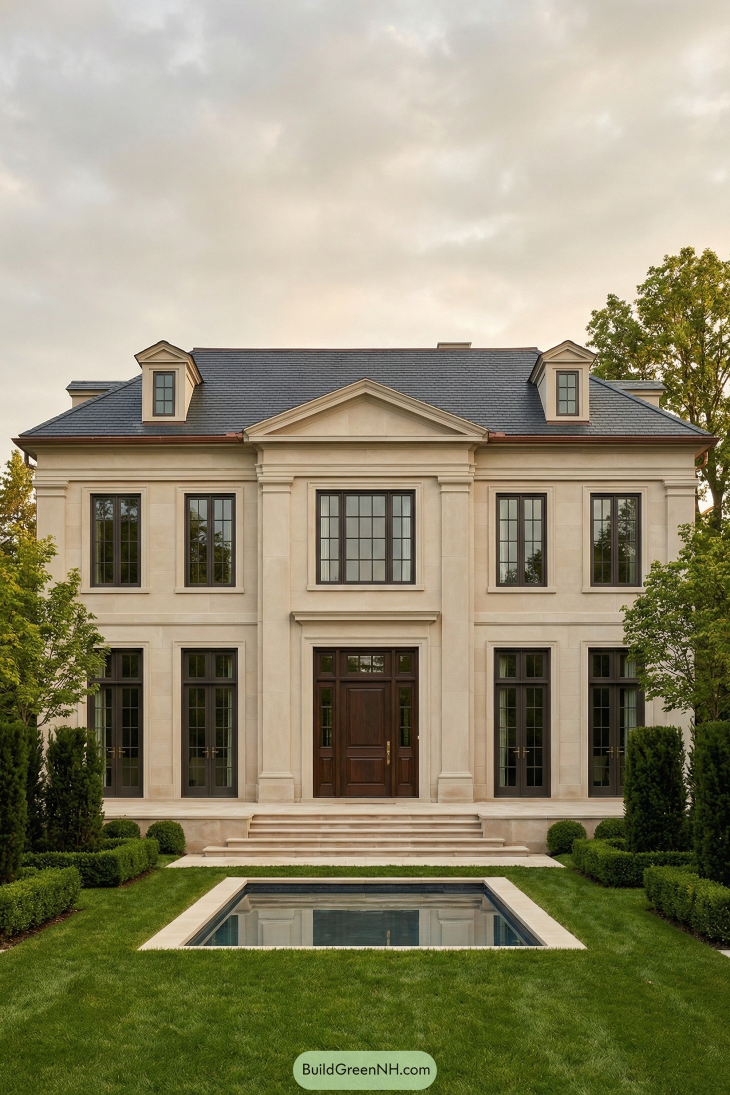 Elegant creamstone townhouse with tall windows and a small reflecting pool in a manicured front garden