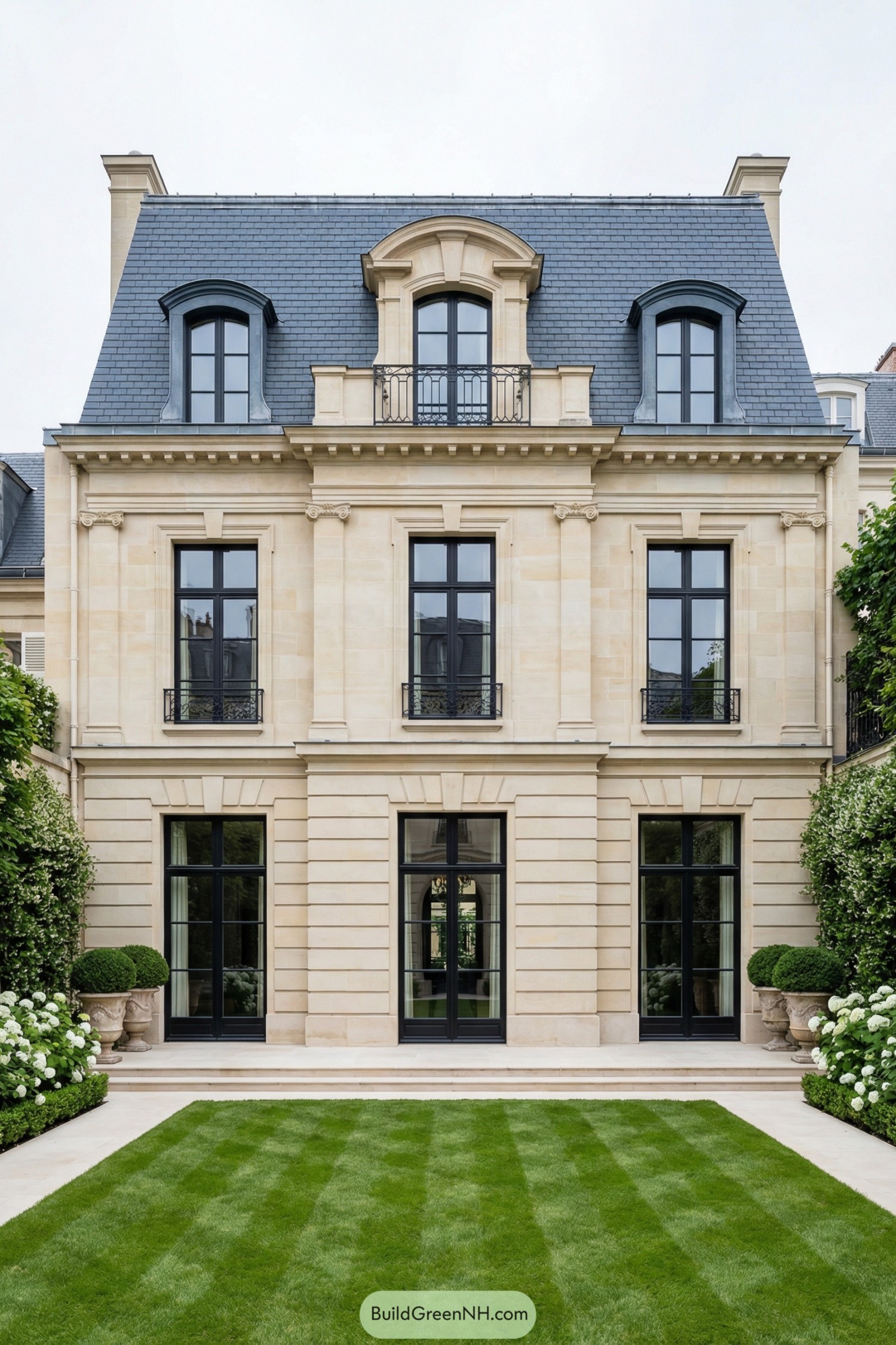 Elegant creamstone mansion with slate mansard roof and manicured lawn courtyard