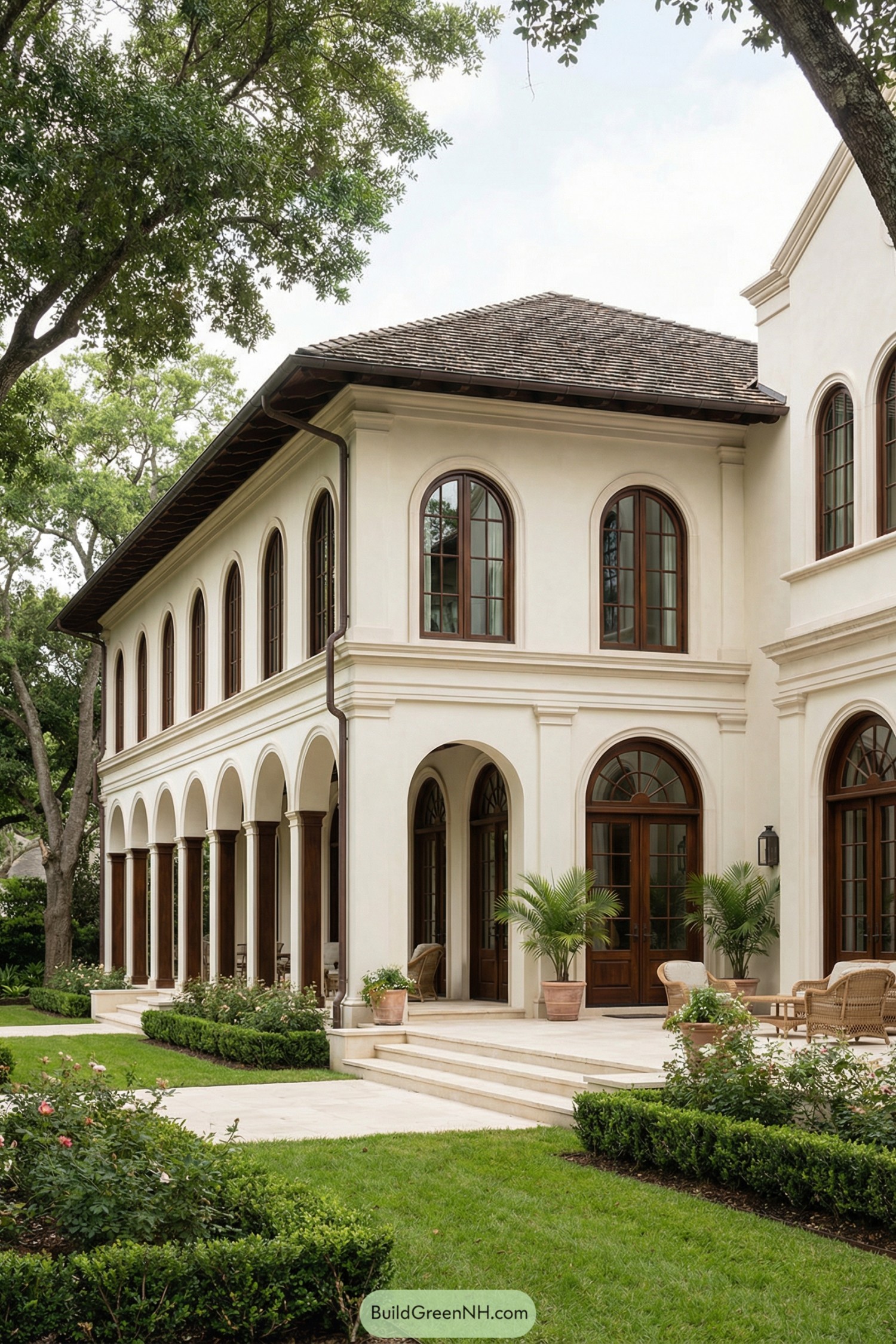 Elegant cream stucco villa with tall arched colonnade and manicured garden