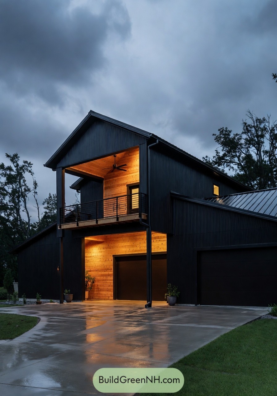 Two story black barndominium with glowing wood lined balcony and garage