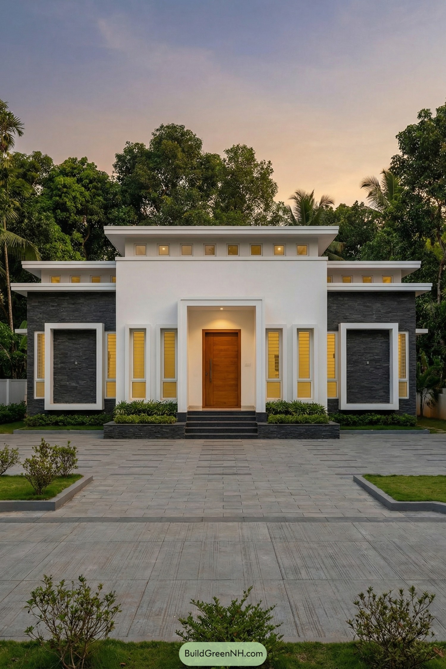 Modern single story house with white walls stone accents and tall narrow windows