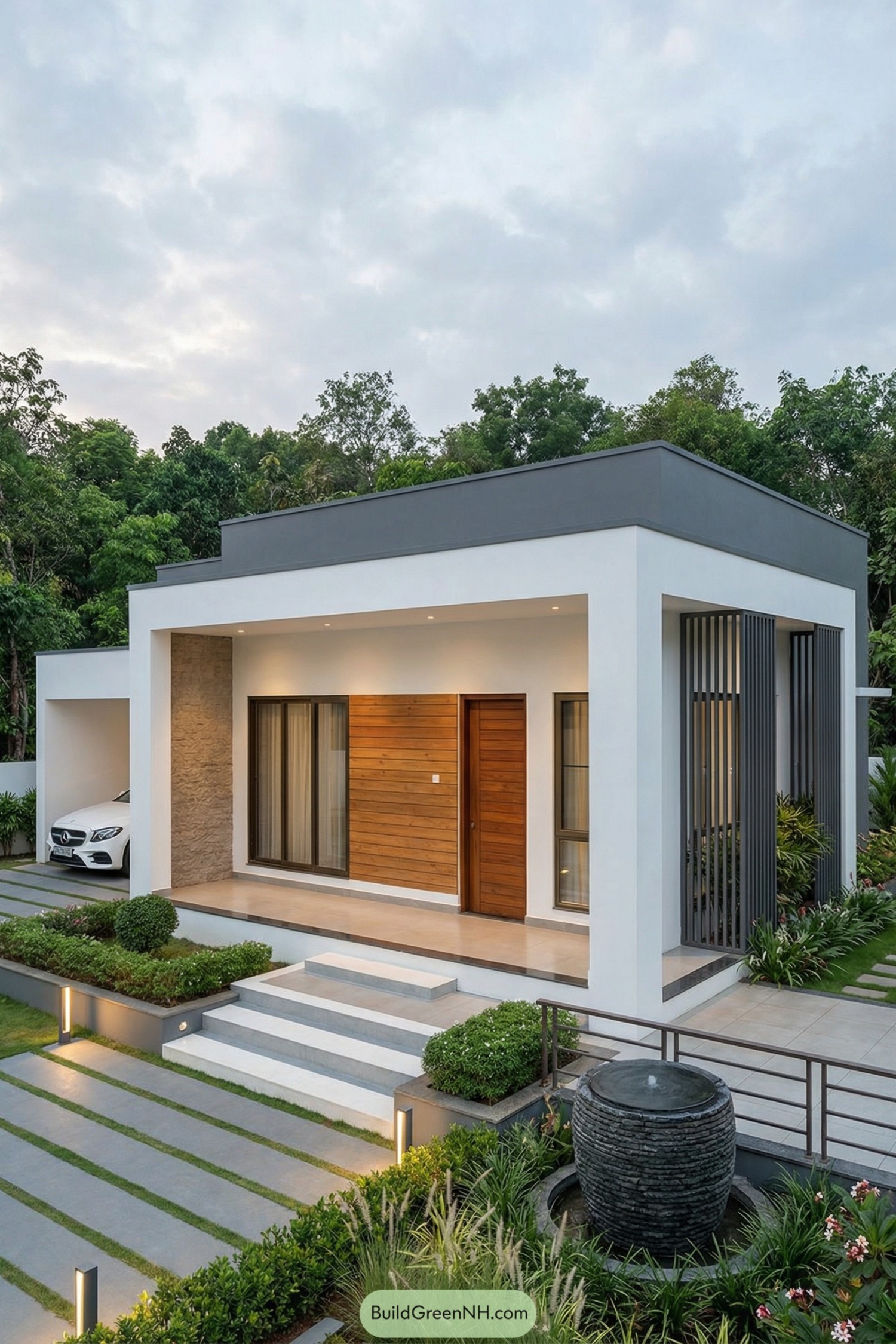 Modern white single story house with flat roof wood entry and landscaped front yard