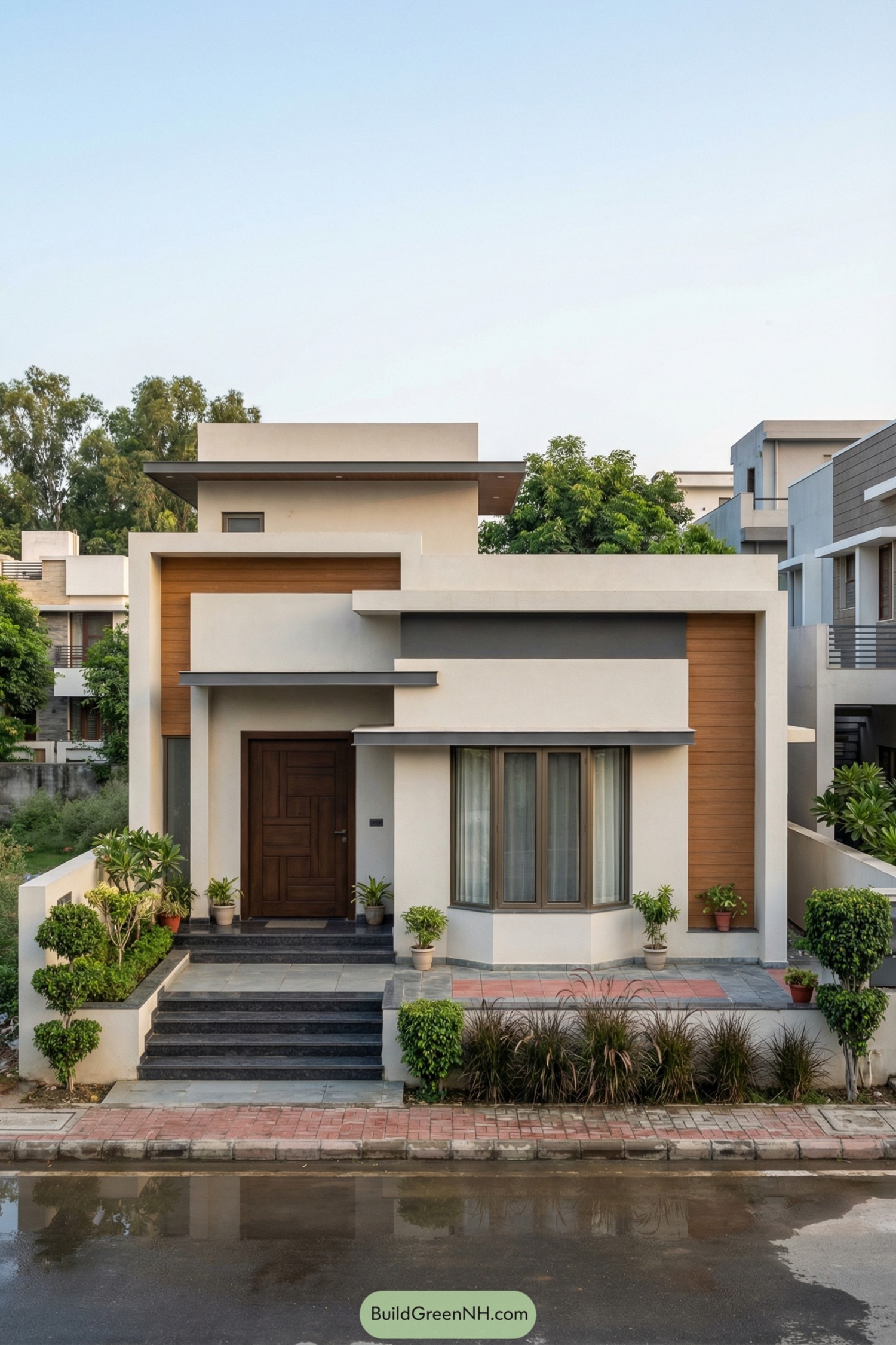 Modern single story house with layered cubic forms warm wood panels and landscaped entry
