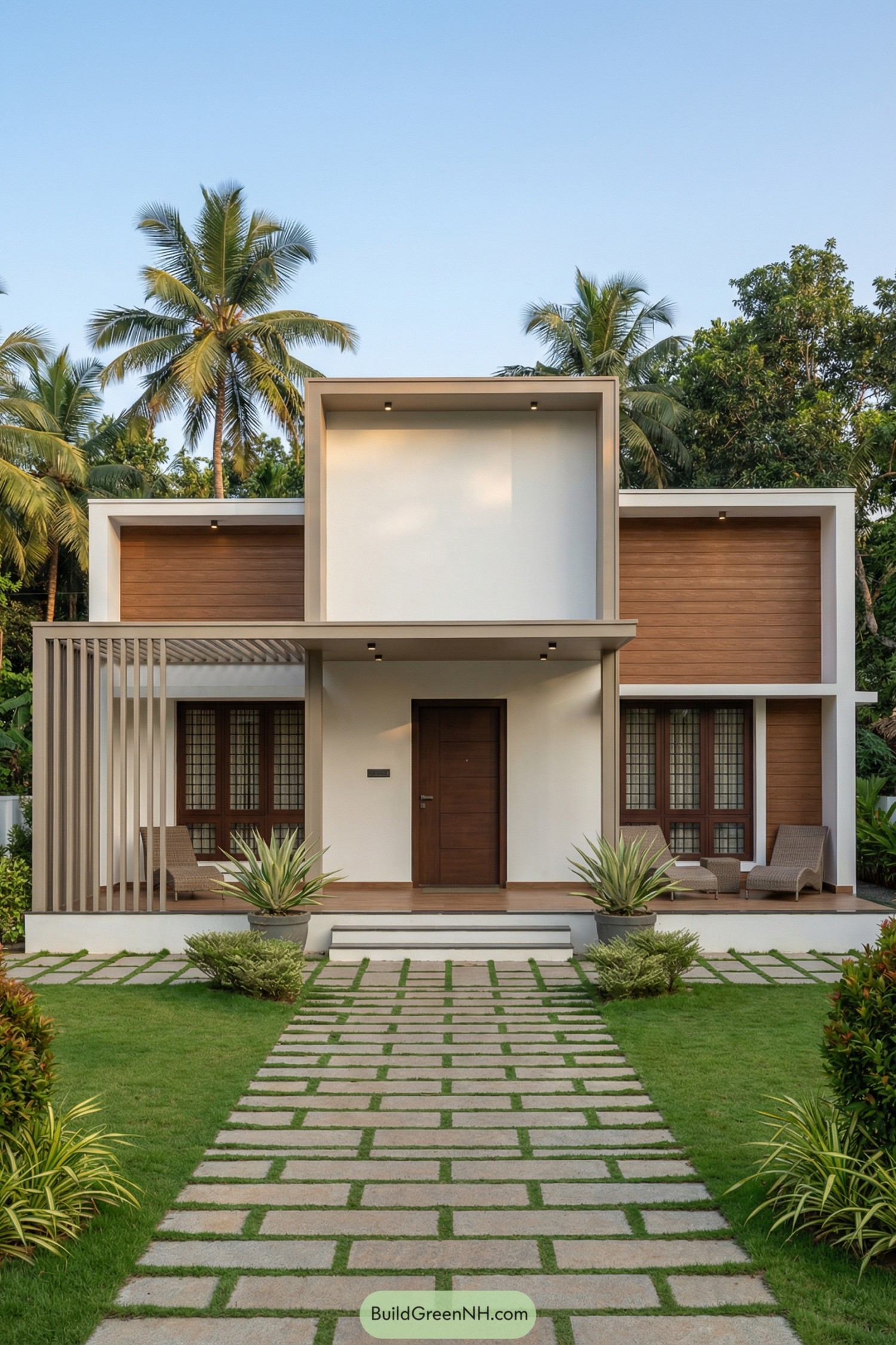 Modern single story house with stacked white and wood-clad cubes, a slatted side veranda, and a stone path through a manicured tropical garden