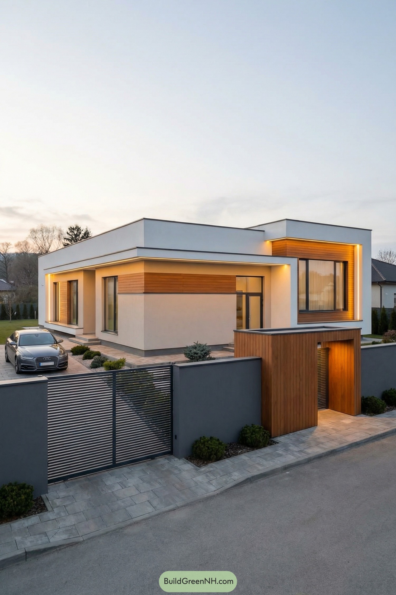 Modern single story house with flat roofs white walls and warm wood accents behind a sleek gray fence and gate