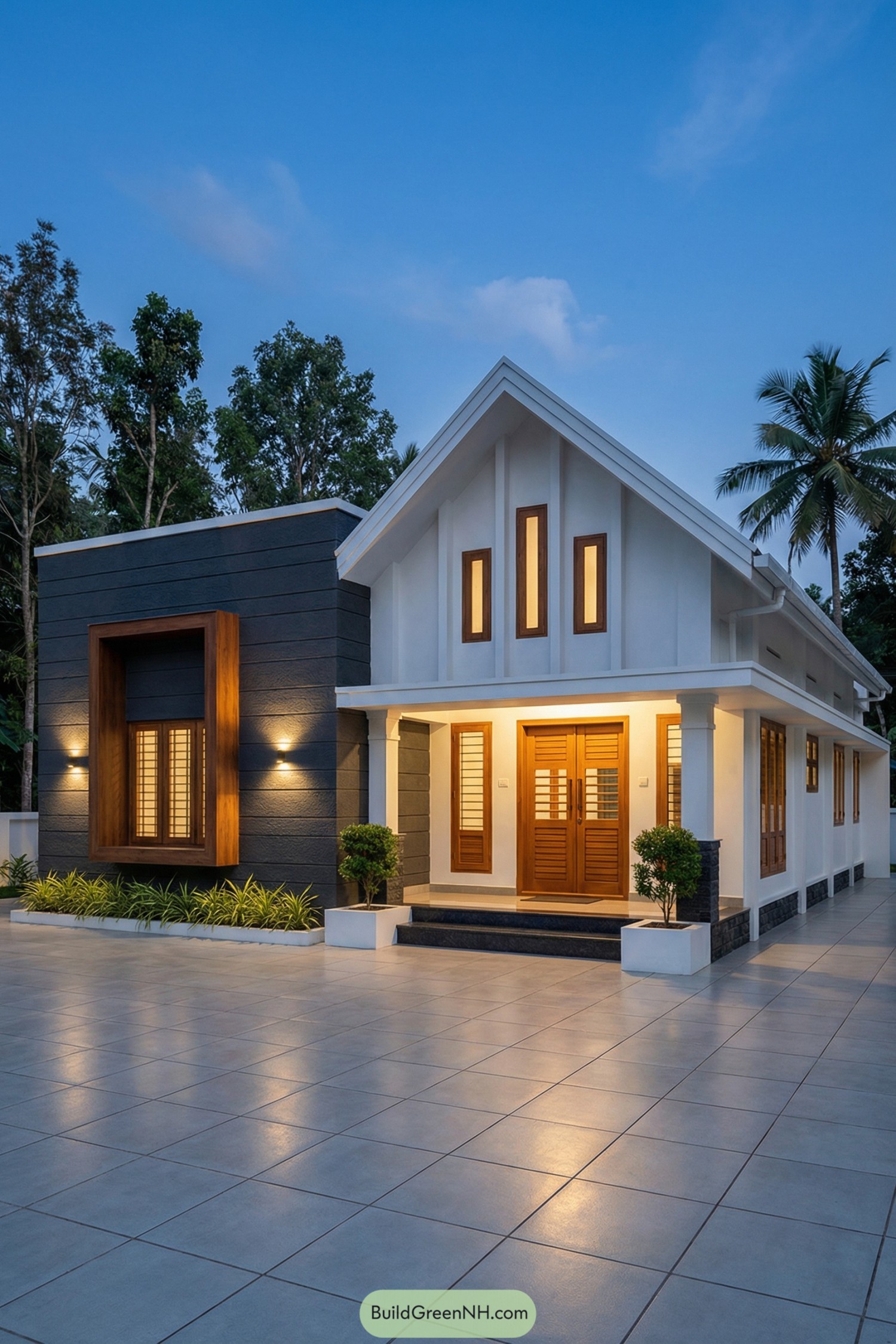 Modern single story house with gabled roof, dark side volume, and warm wood doors and windows