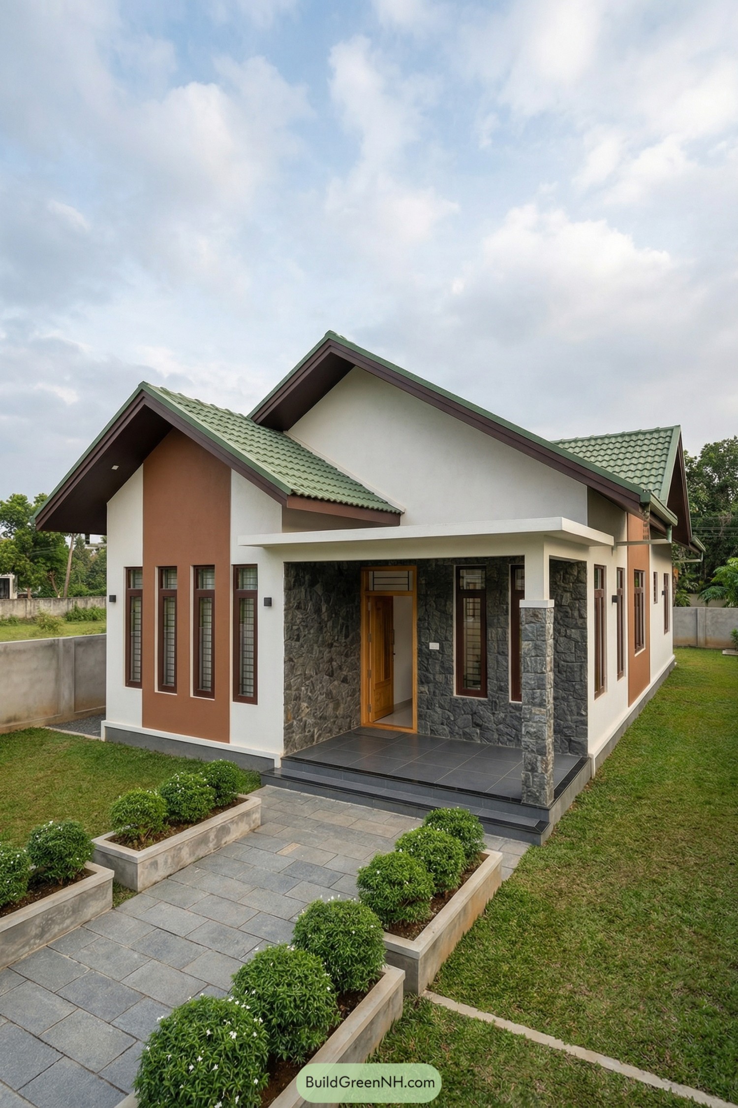 Modern single story house with green gable roof stone accents and neat front garden