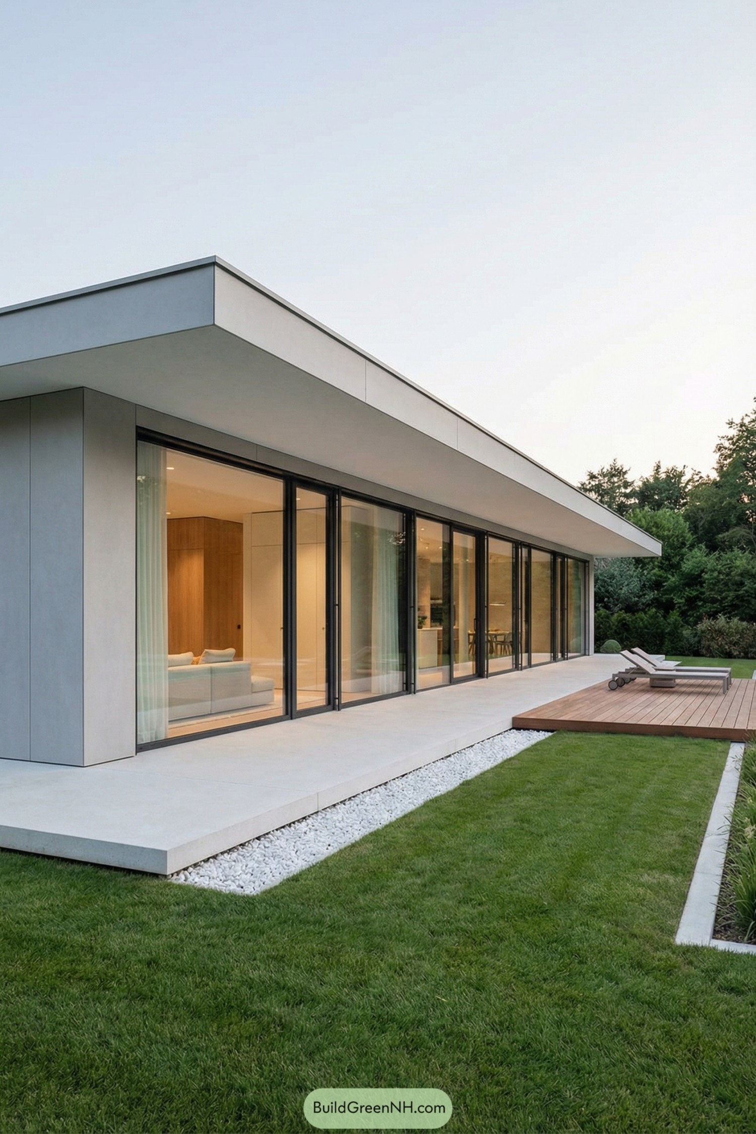 Minimalist single story home with long glass walls opening to a lawn and deck