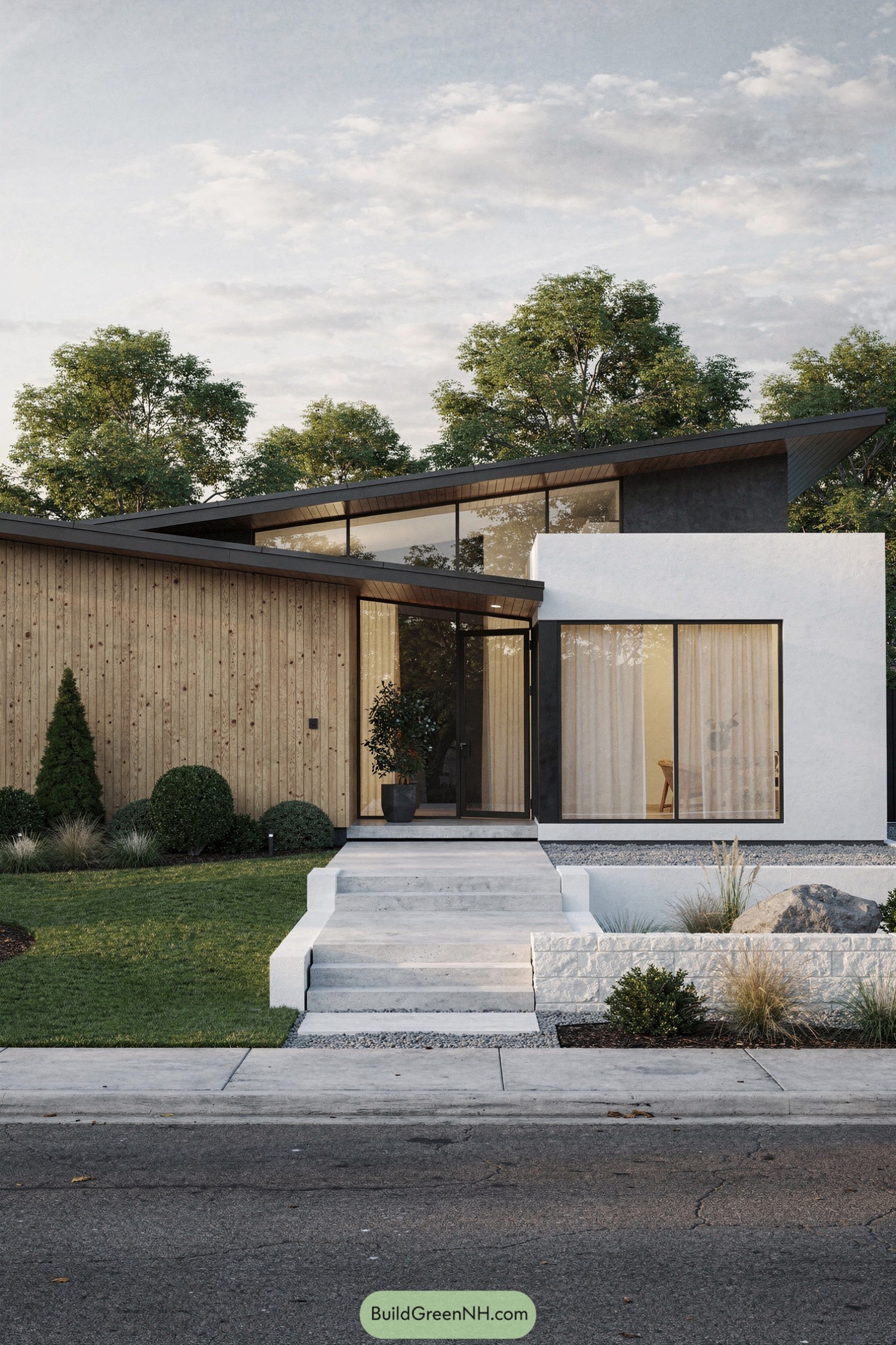 Modern single story home with angled roof, wood siding, and large glass entry