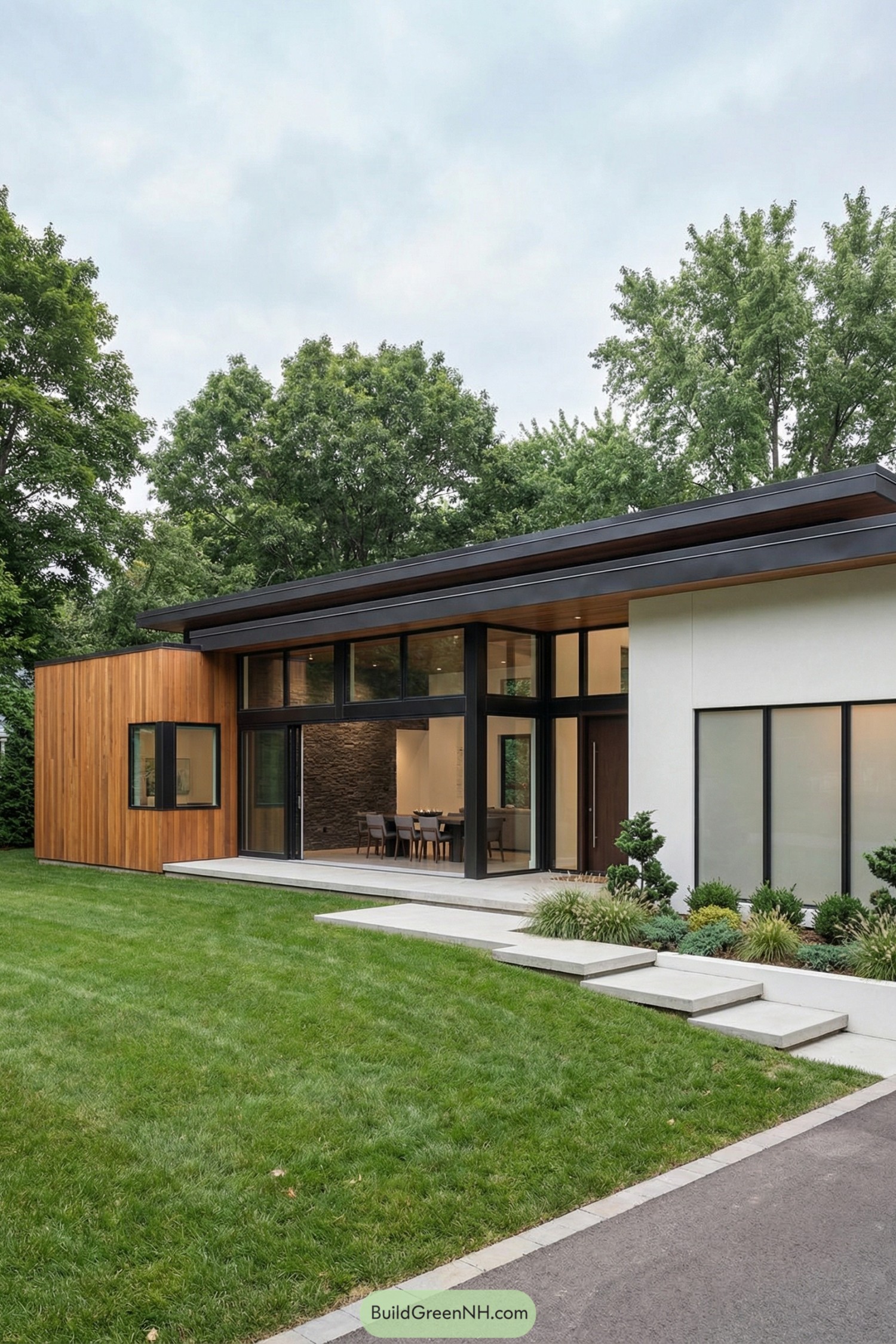 Modern single story house with wood, glass, and stone facing a green yard