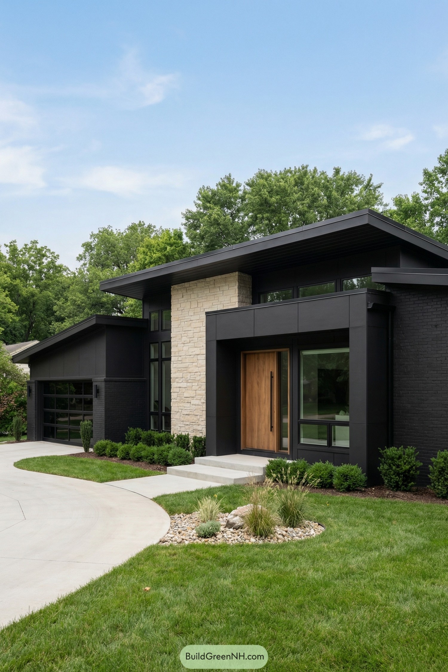 Modern black single story house with stone and wood entry