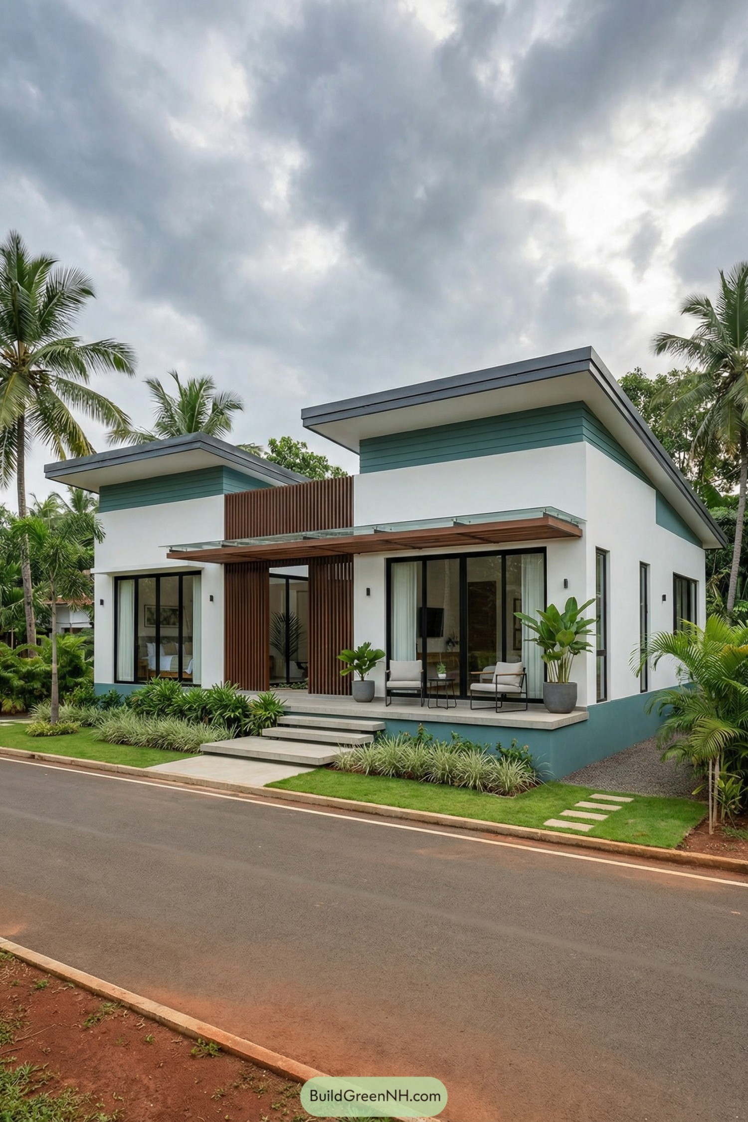 Modern single story house with twin flat roofs tropical landscaping and a small front terrace