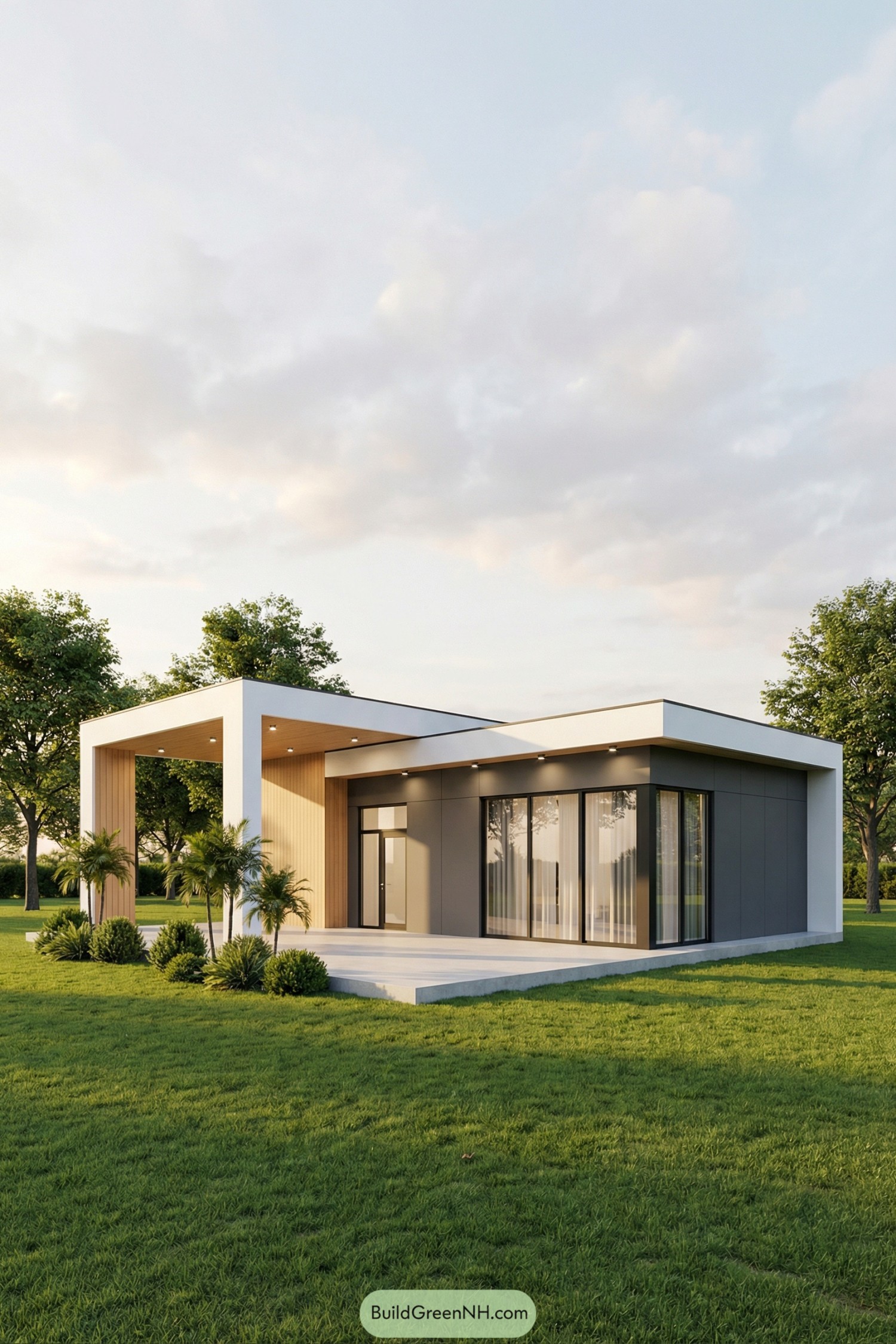 high-res photo of modern single floor house, rectilinear minimalist facade with clean horizontal lines and L-shaped layout, white cantilevered frame forming deep covered terrace on the left and continuous perimeter band around the roofline, exterior walls in smooth dark gray panels contrasted with warm light-wood cladding at the terrace zone, large floor-to-ceiling glass panels and sliding windows with slim black frames along the main elevation, flat roof with thin parapet and recessed downlights in the terrace soffit, single glass entrance door integrated into the glazed terrace wall, terrace floor in light concrete or stone slab slightly elevated above the lawn, small groups of trimmed ornamental shrubs and slender palms planted tight to the facade, expansive lush green grass foreground, scattered mature trees with light foliage in the midground, soft evening sky with light clouds, gentle warm side lighting casting long shadows, open park-like setting with no visible neighboring buildings, cinematic wide-angle ground-level composition. real-life photo, high-resolution, architectural photography, soft lighting, cinematic composition