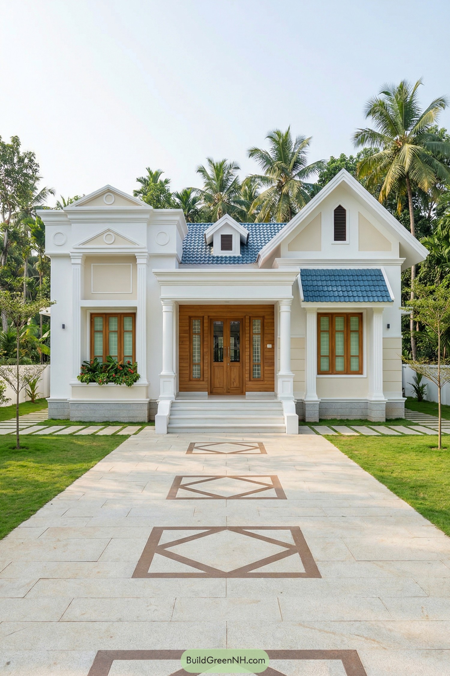 White single story house with blue gabled roof and columned porch on a patterned stone driveway