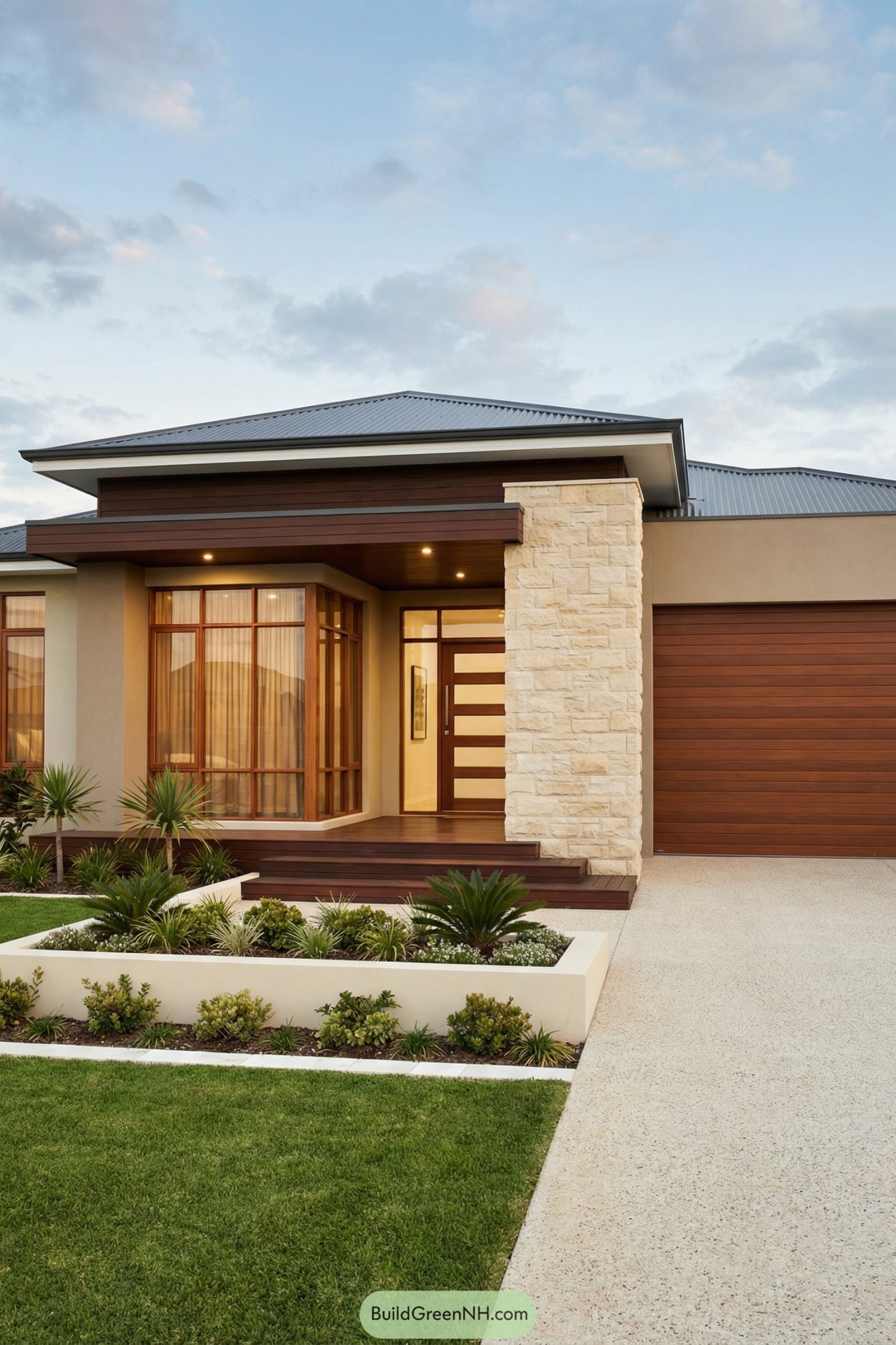 Modern single story house with stone column and warm timber accents