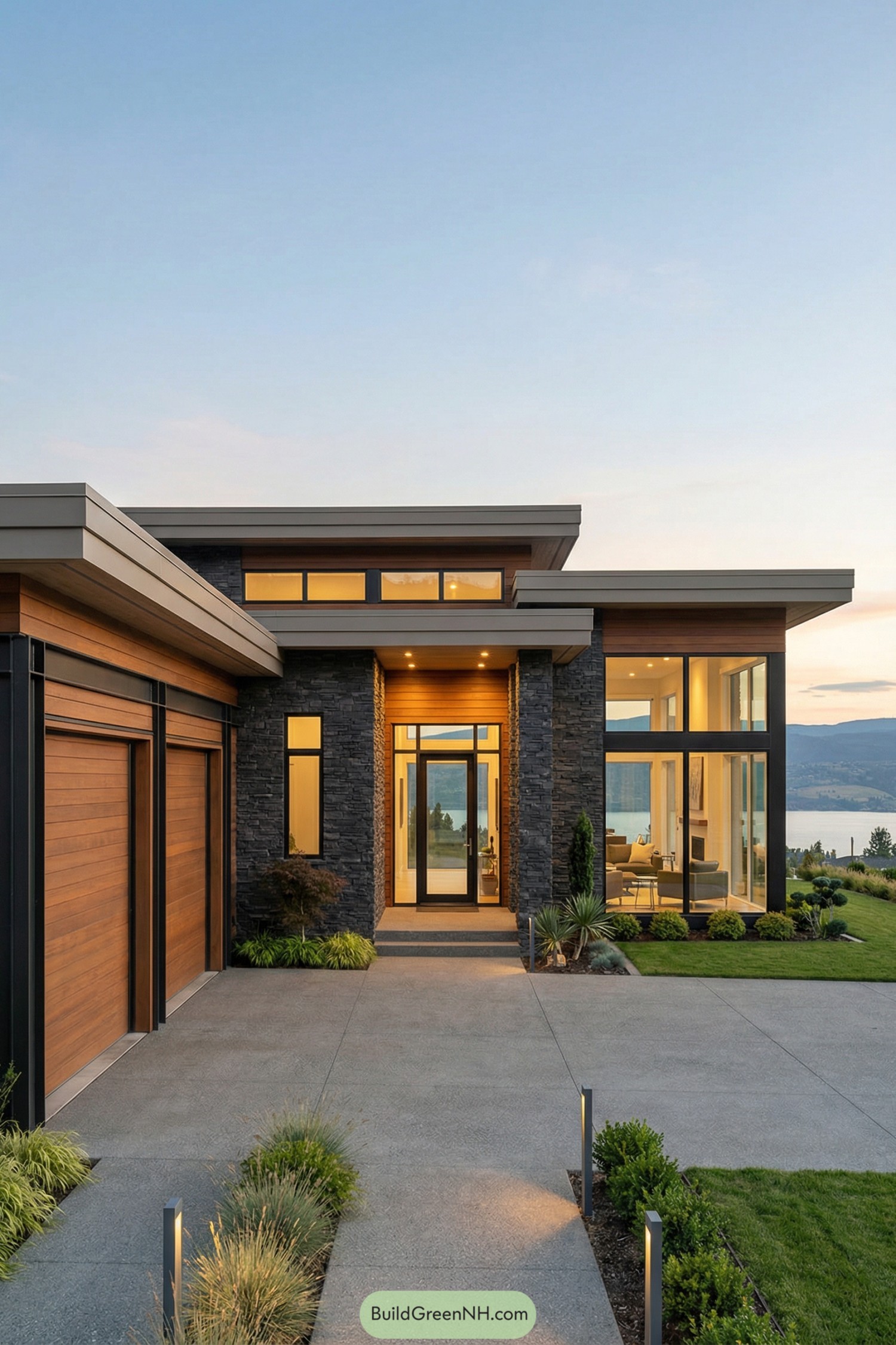 Modern single story house with stone, wood, and large glass facing a lake