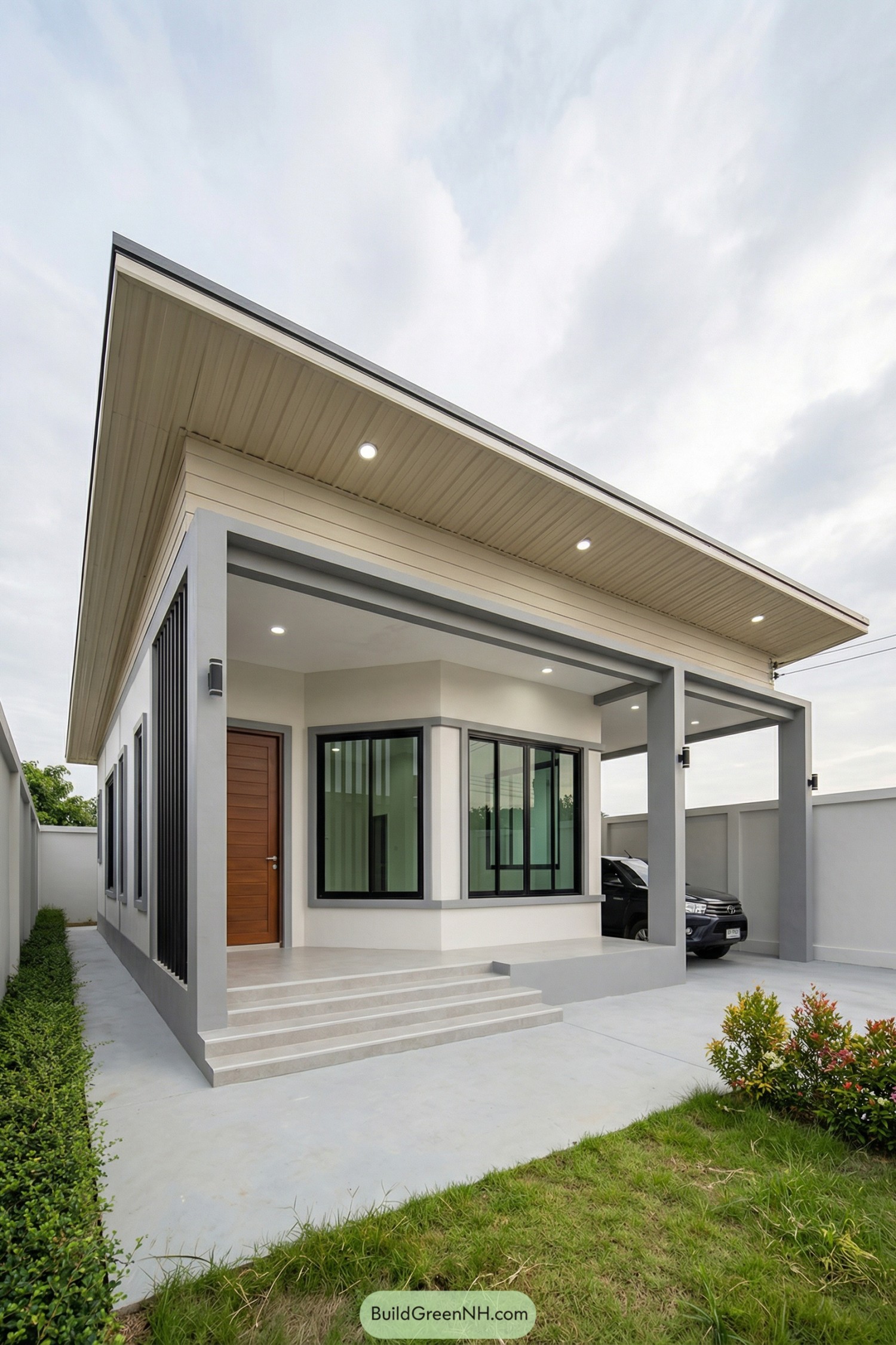 Modern single story house with sloped roof and open carport