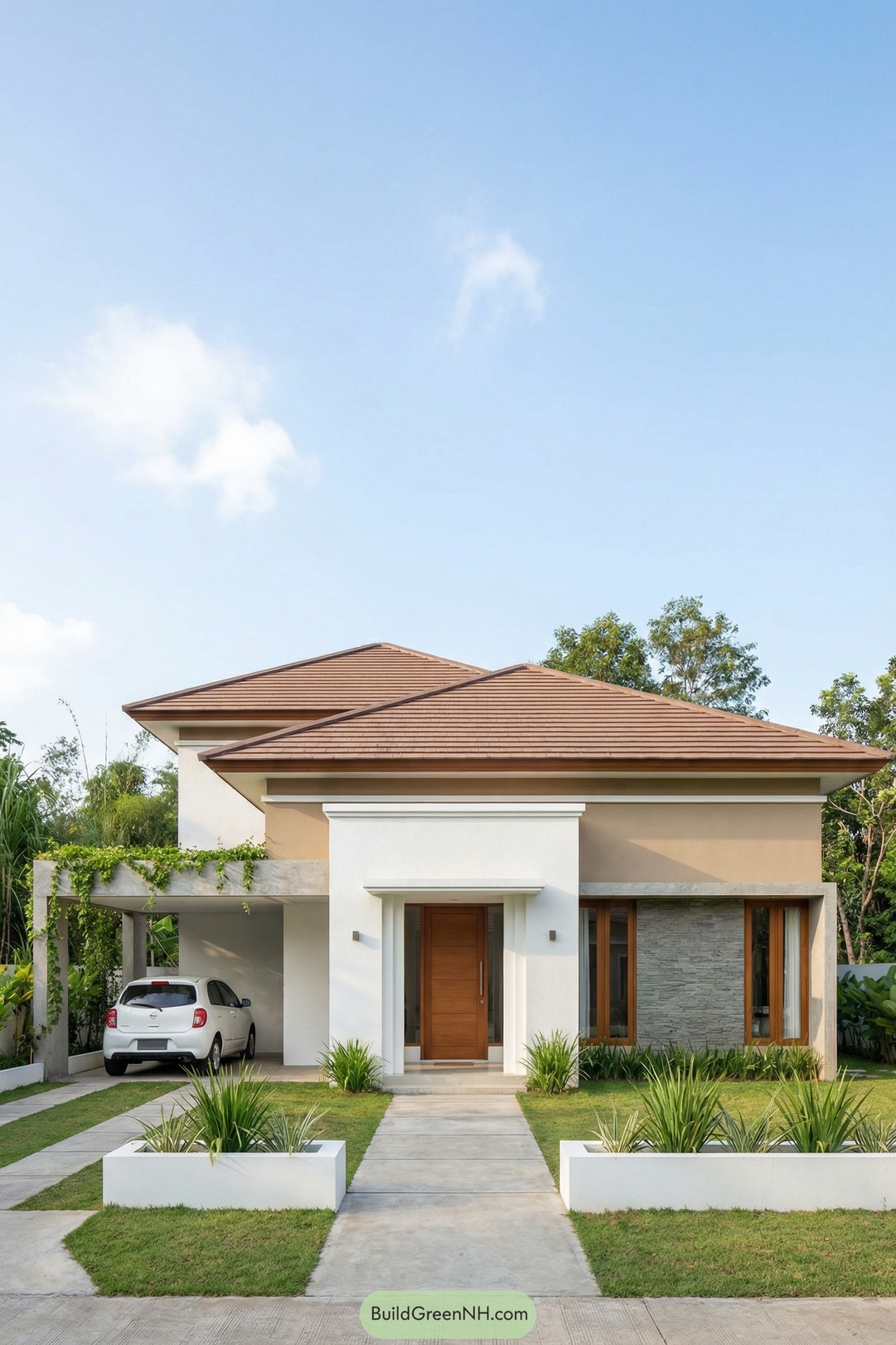 Modern single story villa with side carport and landscaped front yard