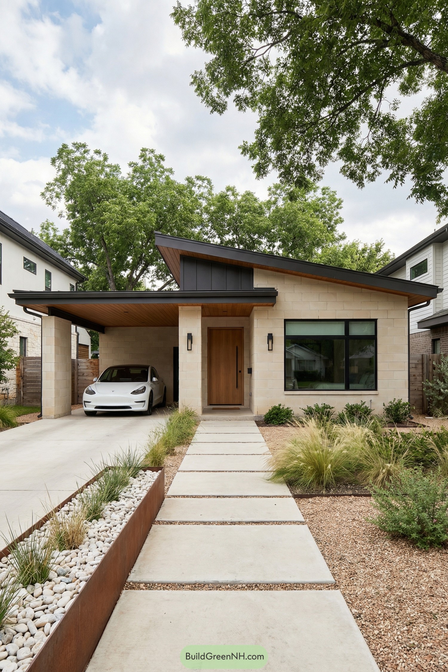 Single story modern house with sloped roof and attached carport